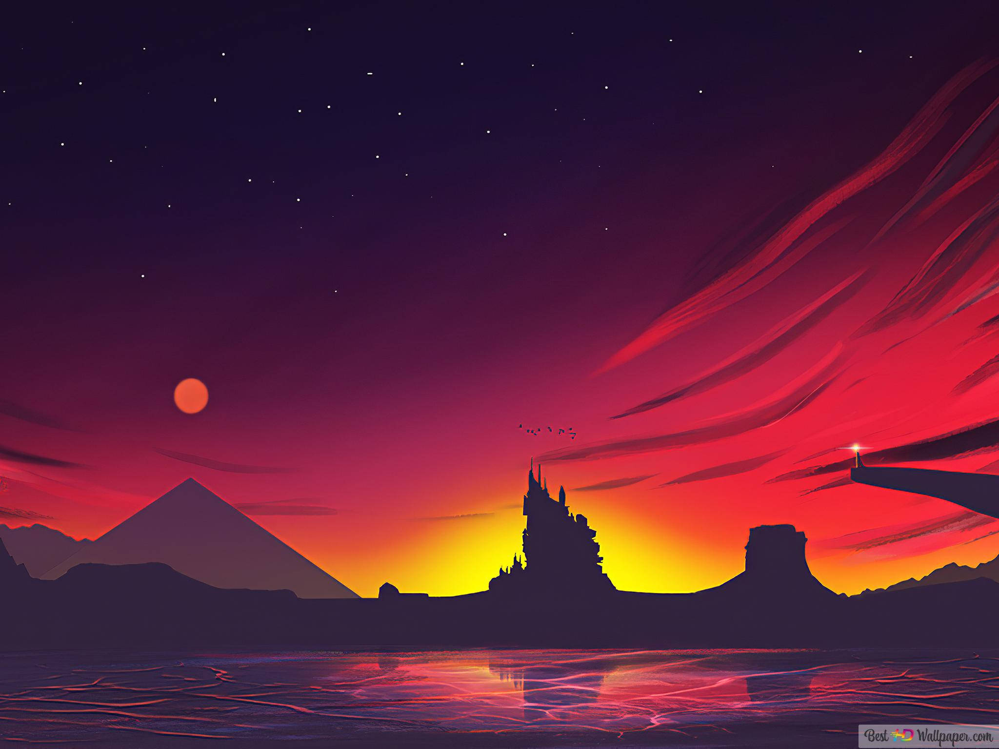 iPad Pro 12.9, sunset landscape, castle silhouette, Full HD Desktop Wallpaper