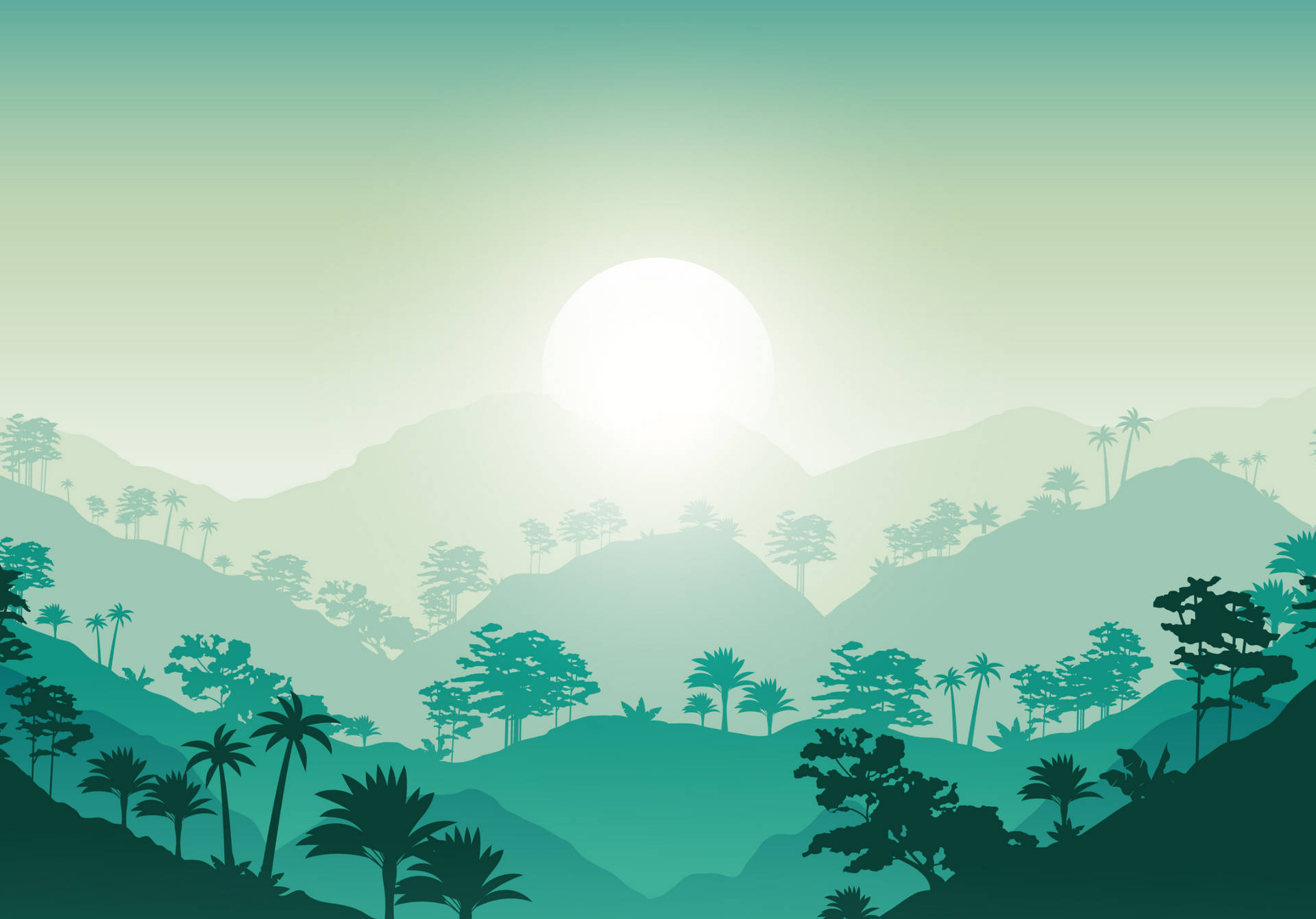 iPad Pro 12.9, turquoise mountain landscape, silhouetted palm trees, Full HD Desktop Wallpaper