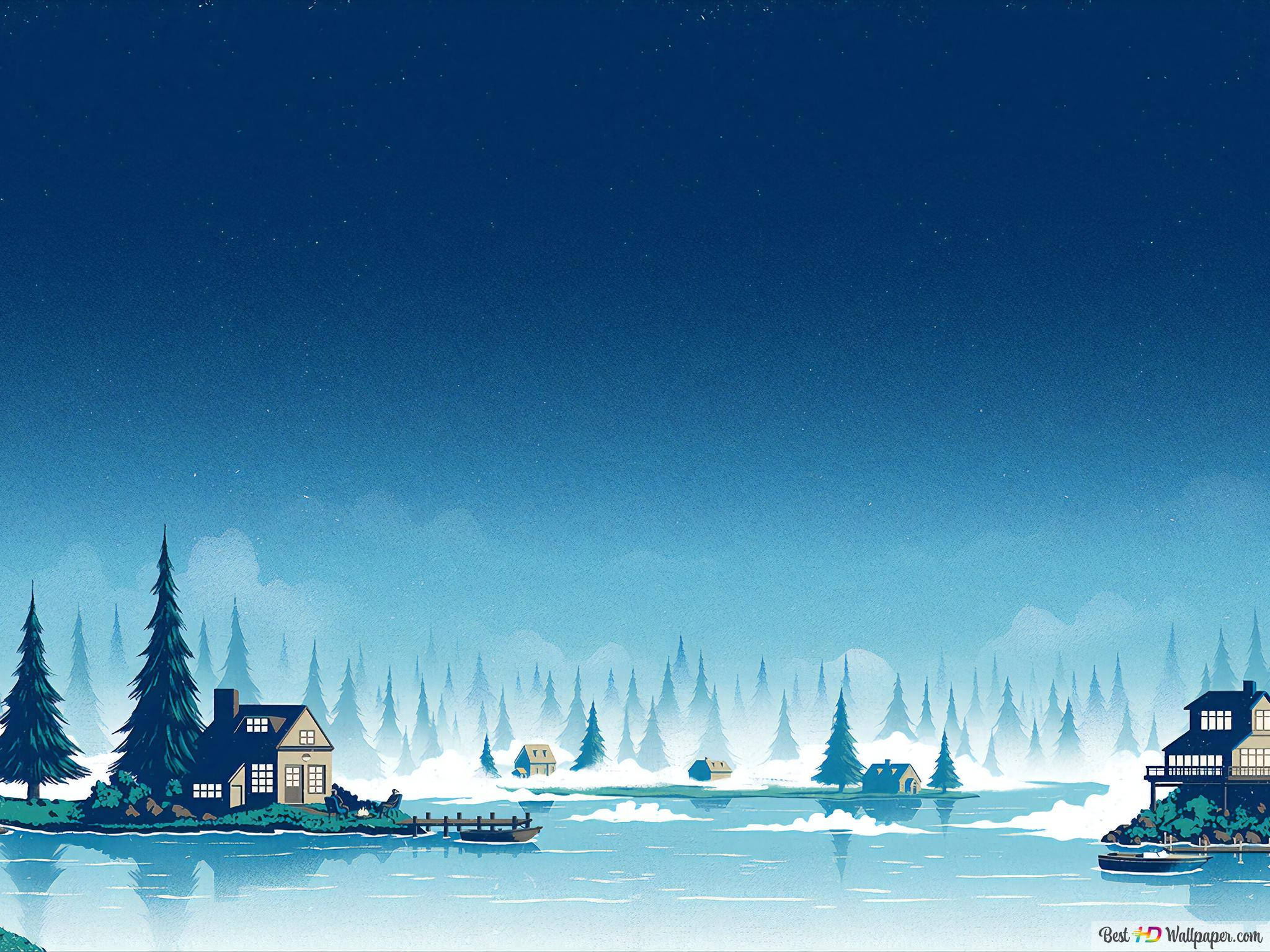 iPad Pro 12.9, winter night scene, snow-covered houses, Full HD Desktop Wallpaper
