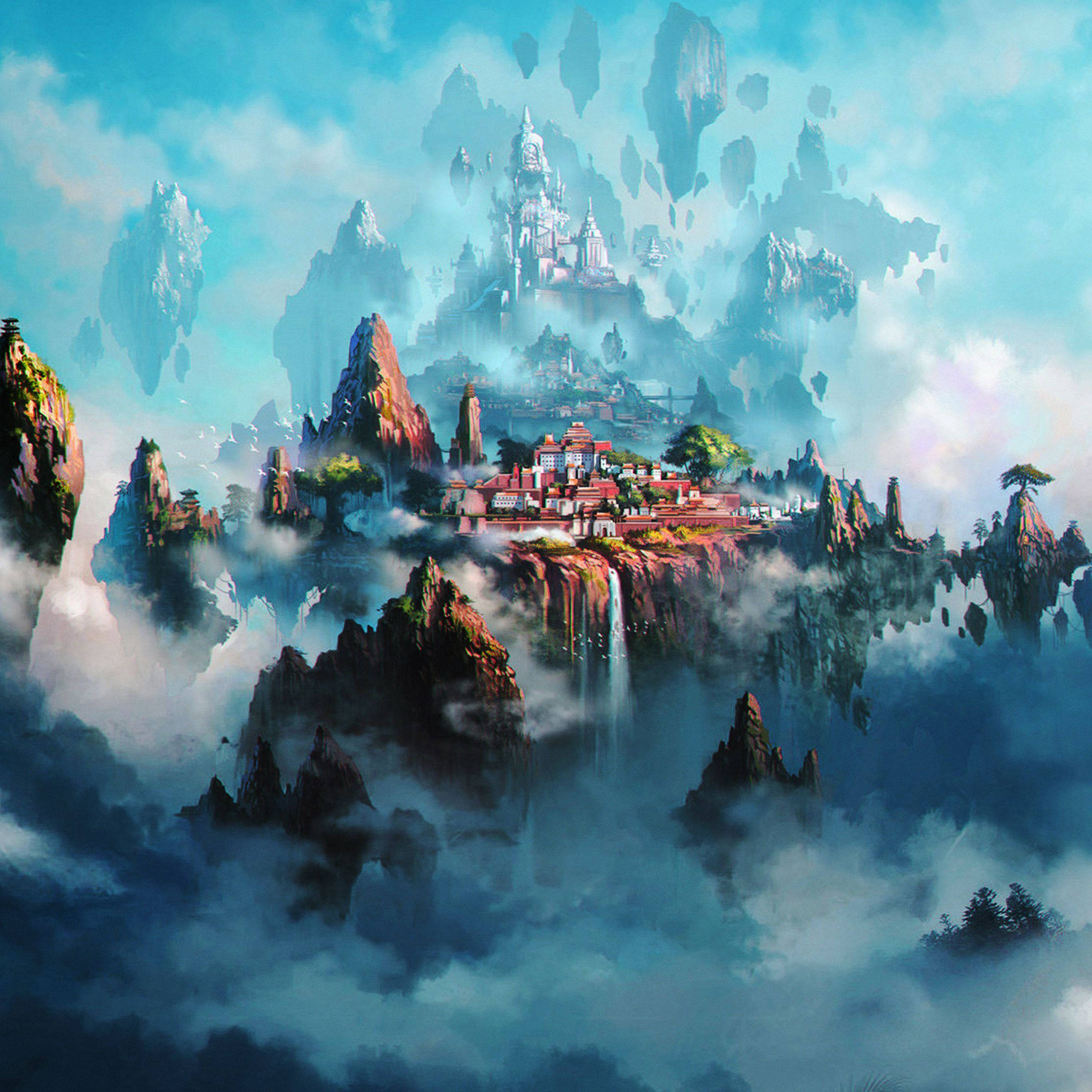 iPad Pro 12.9, mountain village, floating castle, 2K Desktop Wallpaper