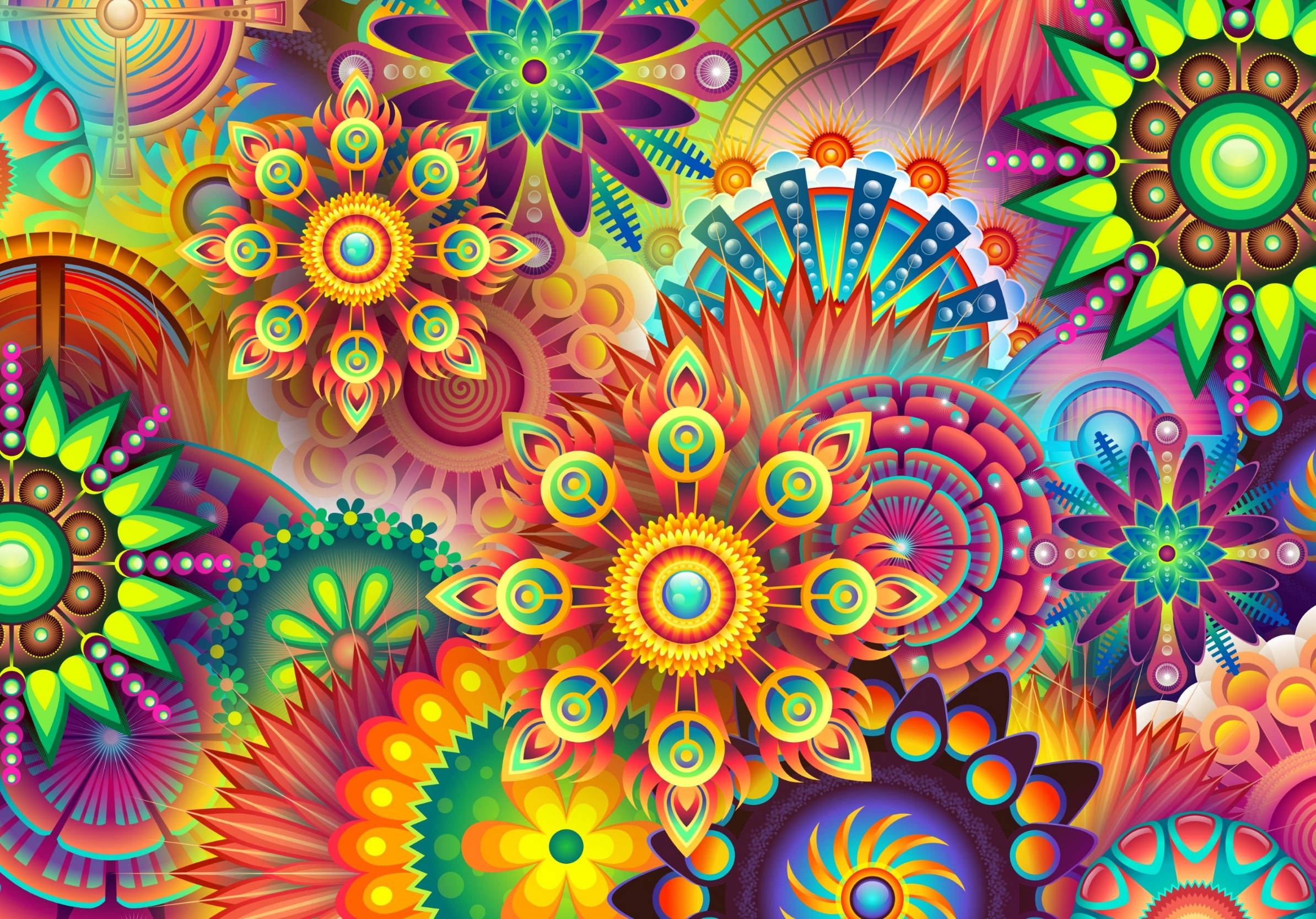 iPad Pro 12.9, psychedelic flowers, glowing geometric flowers, Full HD Desktop Wallpaper
