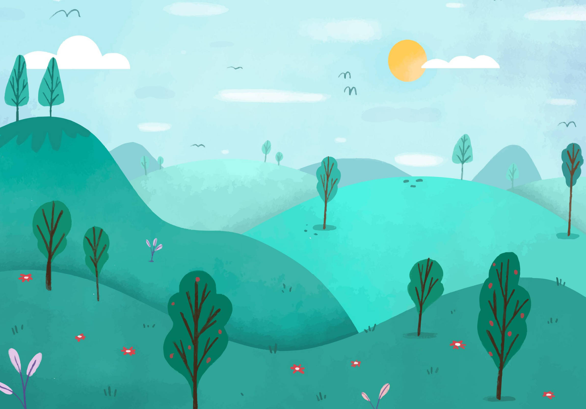 iPad Pro, trees on hills, rolling green hills, Full HD Desktop Wallpaper