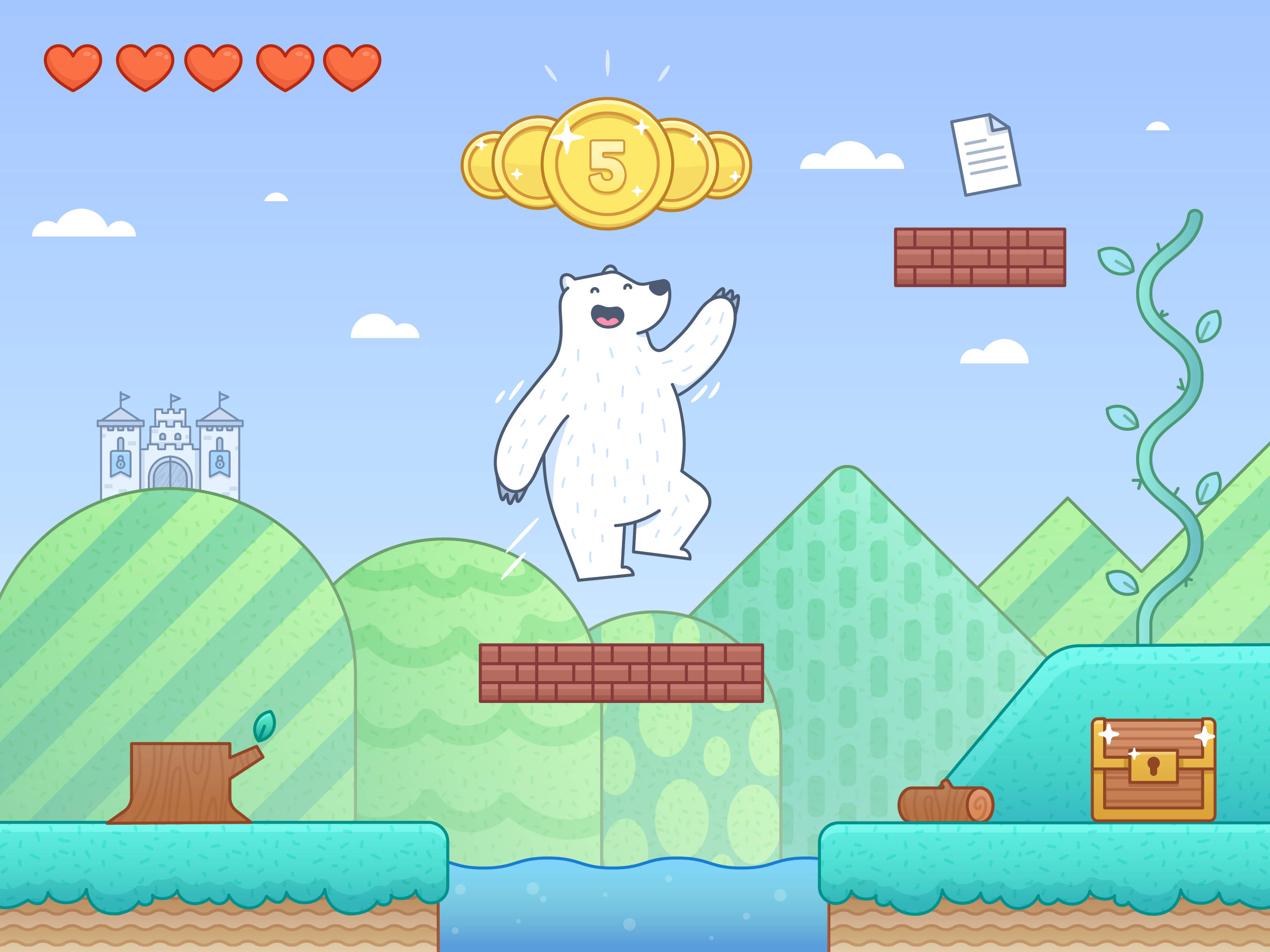 iPad Pro, white polar bear, pixelated game landscape, 2K Desktop Wallpaper