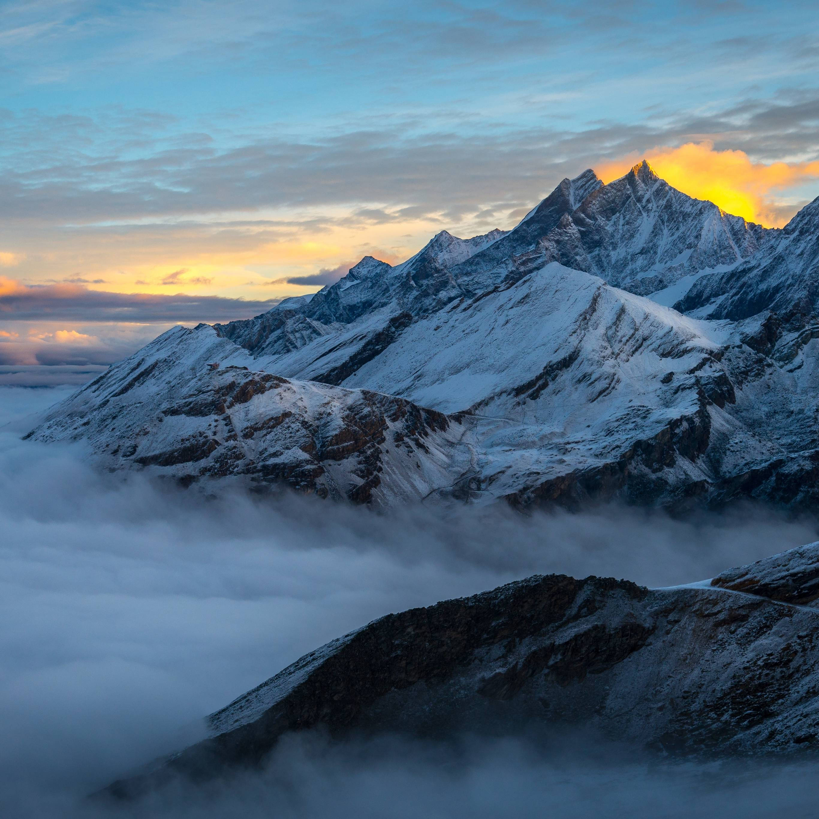 iPad Pro, snowy mountain, sunrise, 2K Desktop Wallpaper