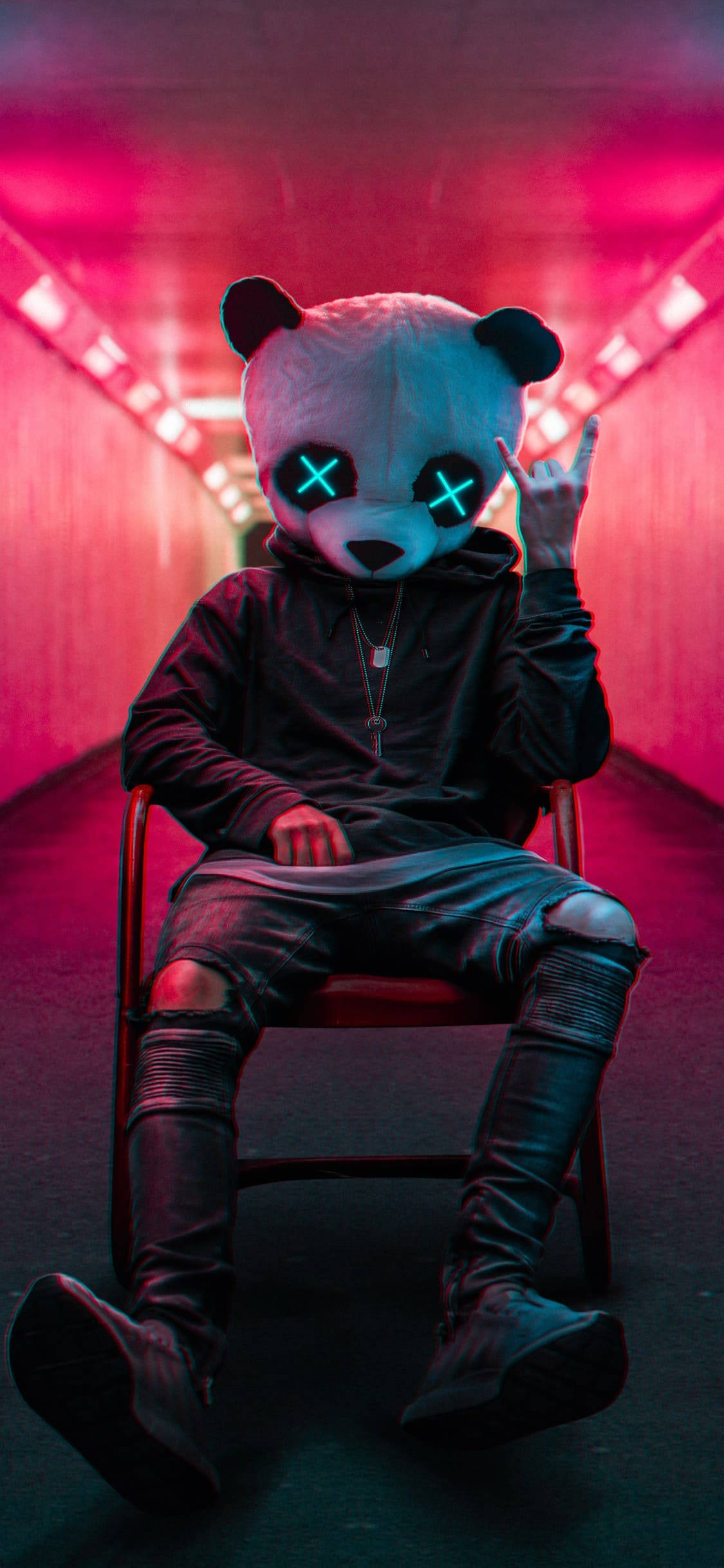 iPhone 11 Pro Max, panda mask, neon pink tunnel, Full HD Phone Wallpaper