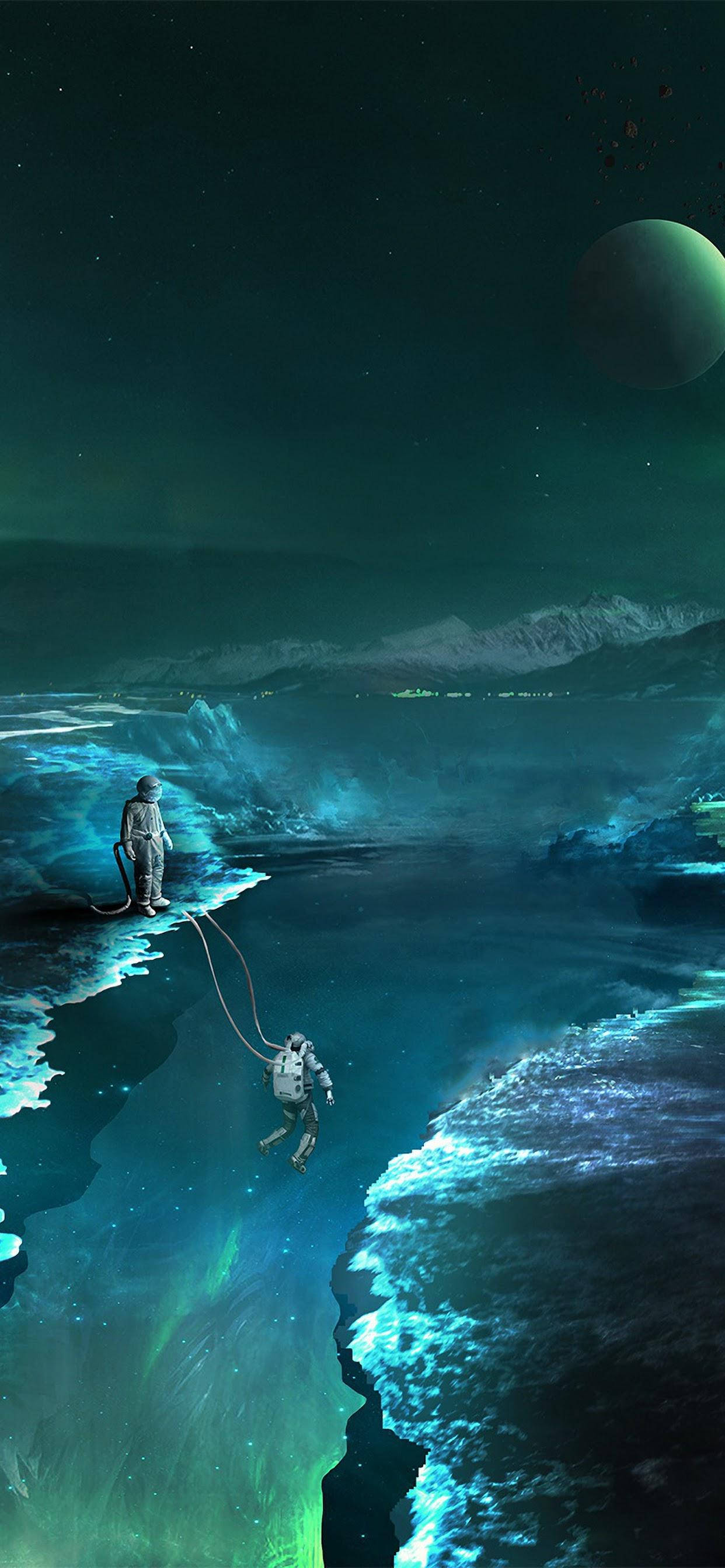 iPhone 11 Pro Max, astronauts, glowing alien ocean, 2K Phone Wallpaper