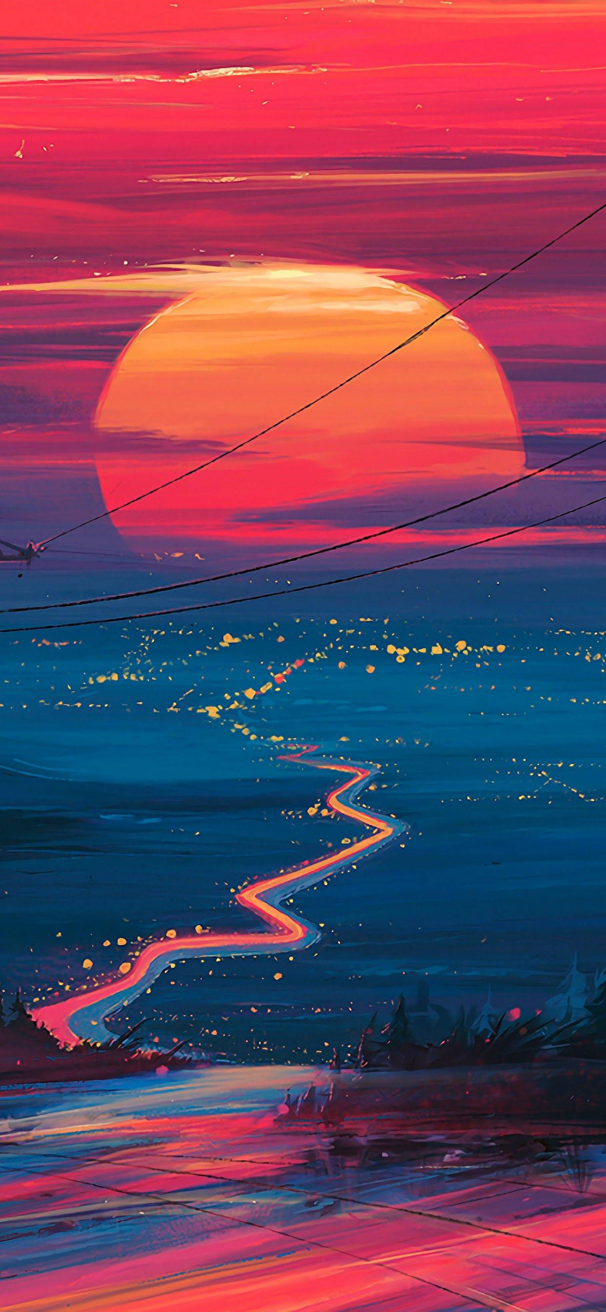 iPhone 11 Pro Max, sunset, glowing orange sun, 2K Phone Wallpaper