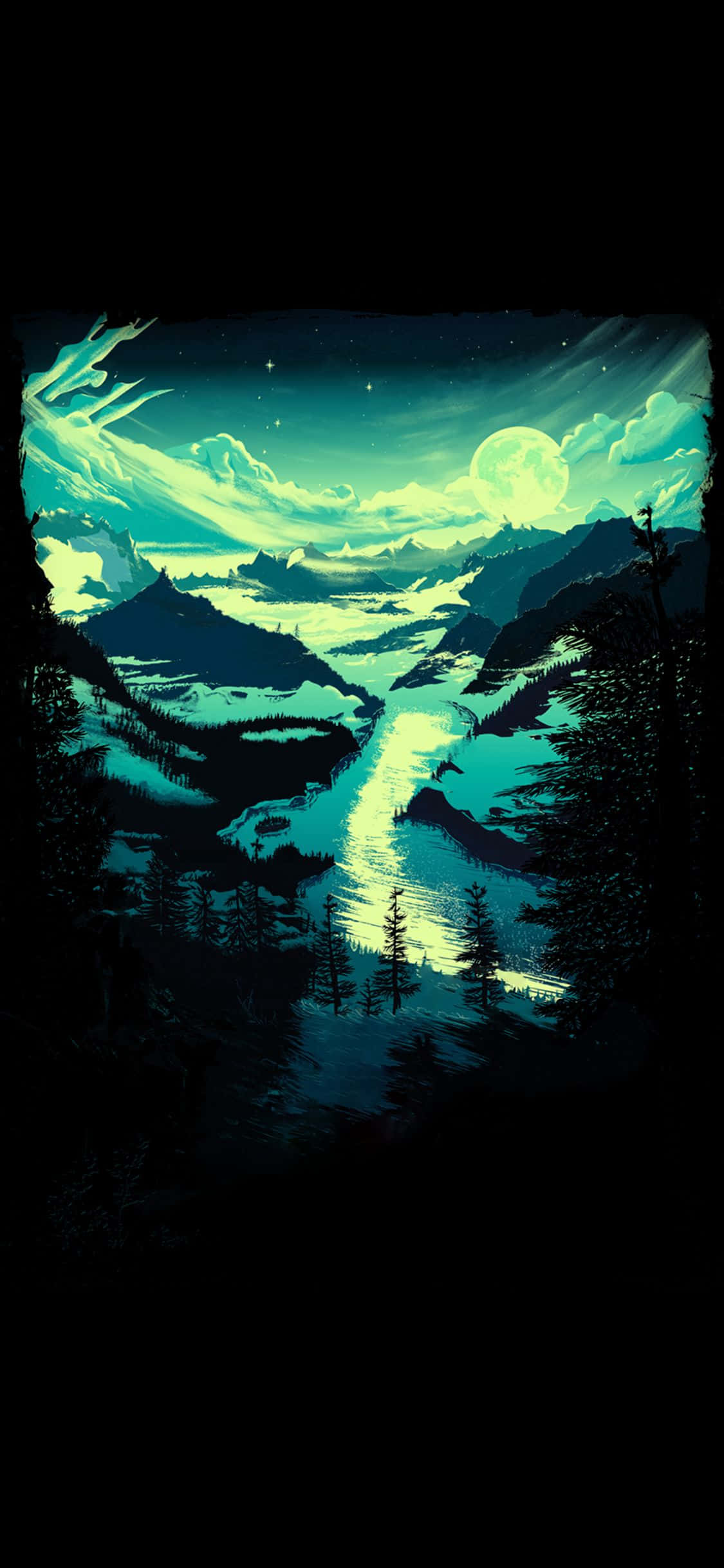 iPhone 11 Pro, glowing moon, serene mountain valley, Full HD Phone Wallpaper