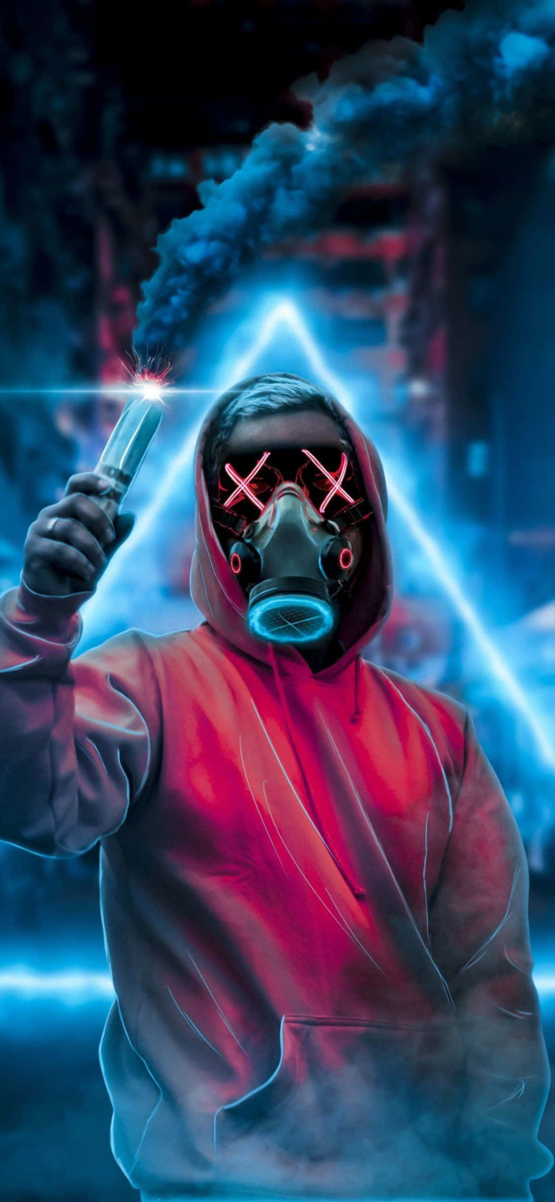 iPhone 11 Pro, red hoodie, glowing gas mask, Full HD Phone Wallpaper