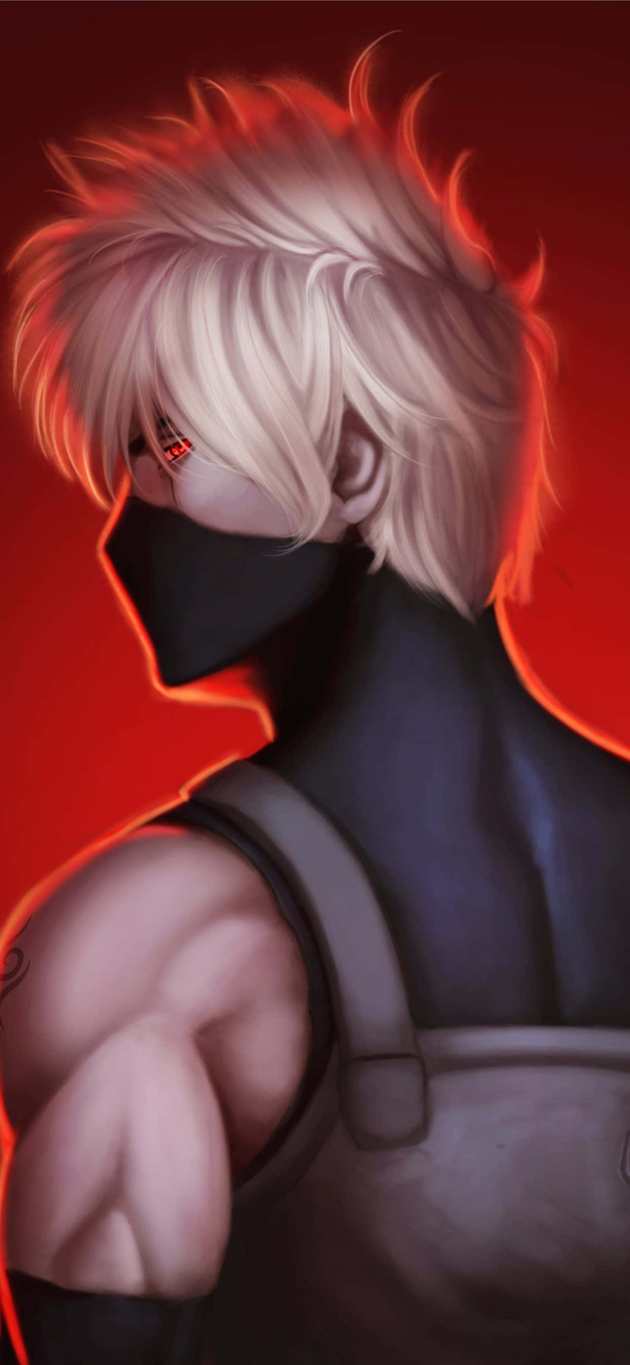 iPhone 11 Red Anime, muscular anime character, spiky white hair, 2K Phone Wallpaper