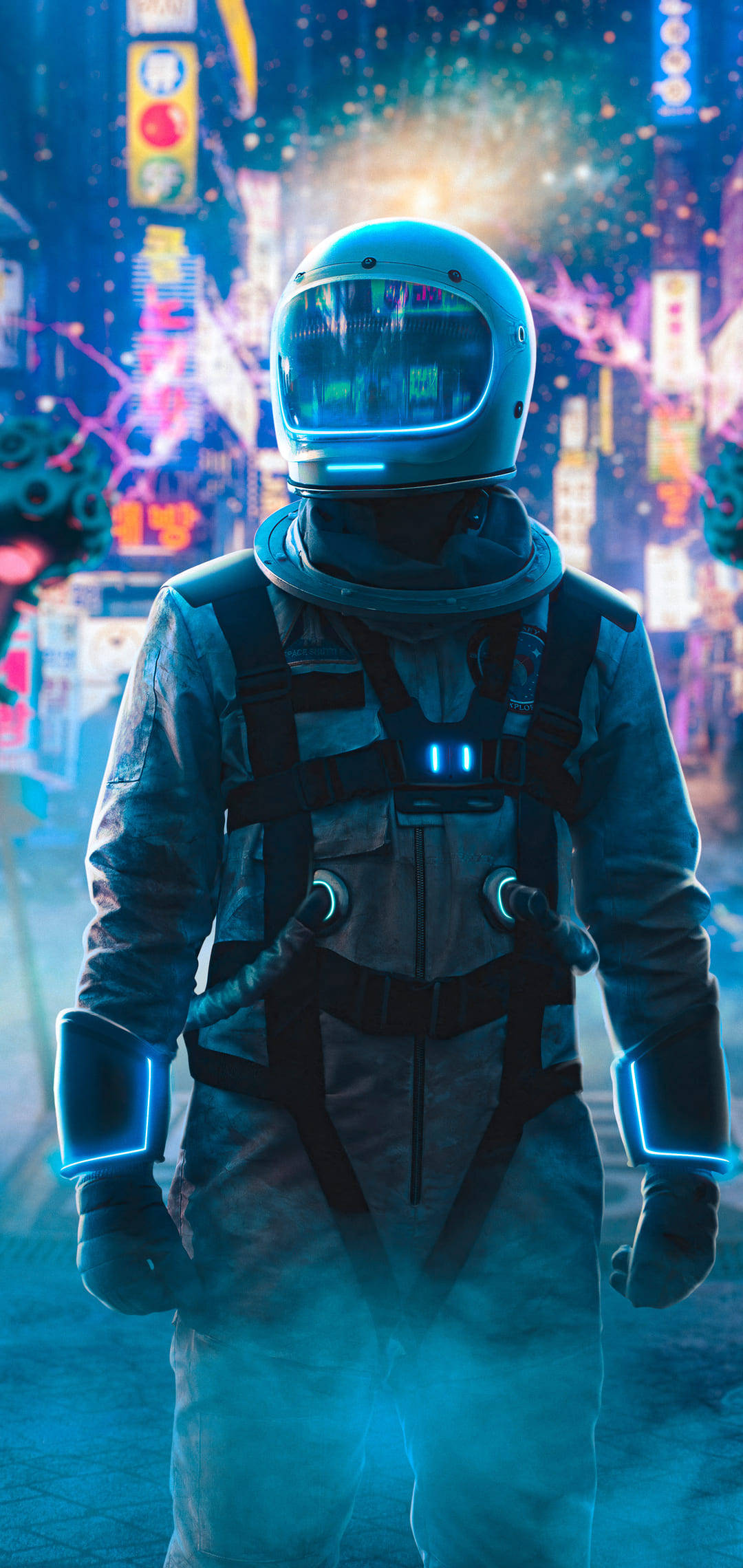 glowing astronaut, neon-lit cyberpunk cityscape, night, Full HD Phone Wallpaper