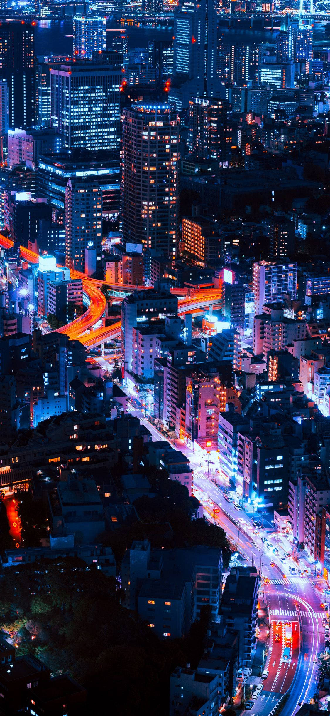 iPhone 11, neon-lit cityscape, glowing skyscrapers, Full HD Phone Wallpaper