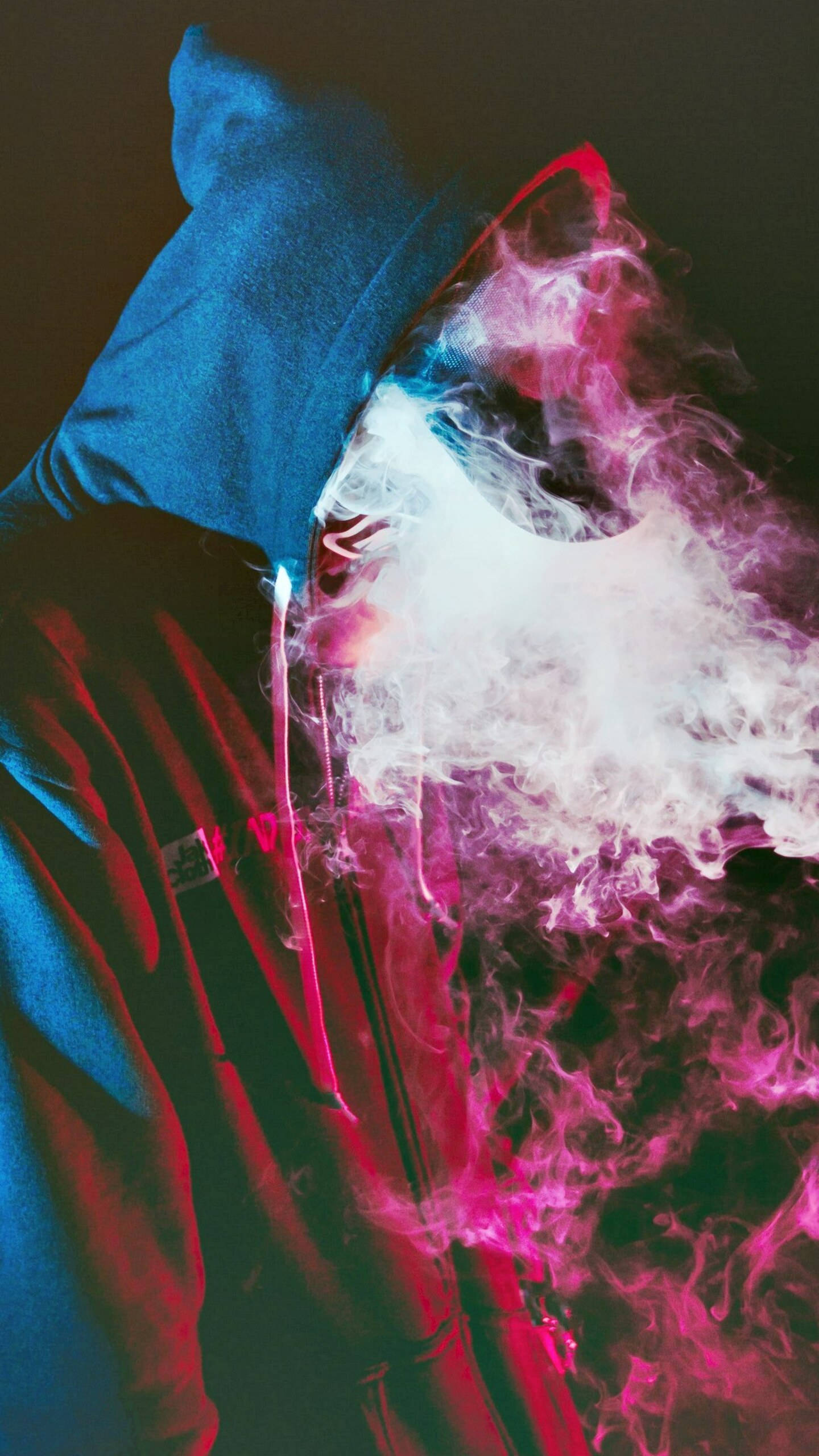 iPhone 12 Pro Max, hooded person, vibrant pink and blue vapor, 2K Phone Wallpaper