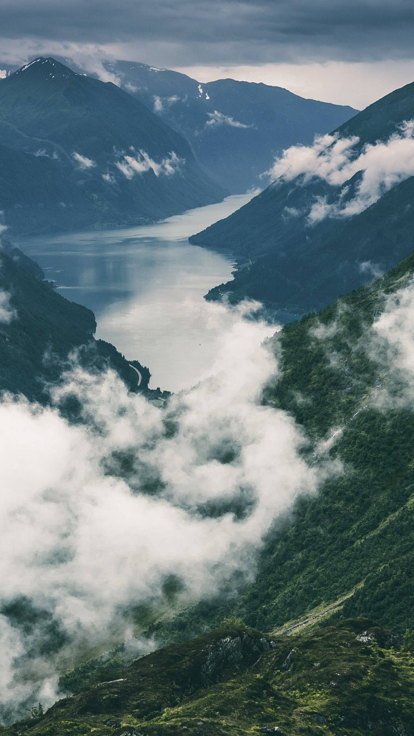 iPhone 12 Pro Max, mountain lake, misty fjord, 2K Phone Wallpaper
