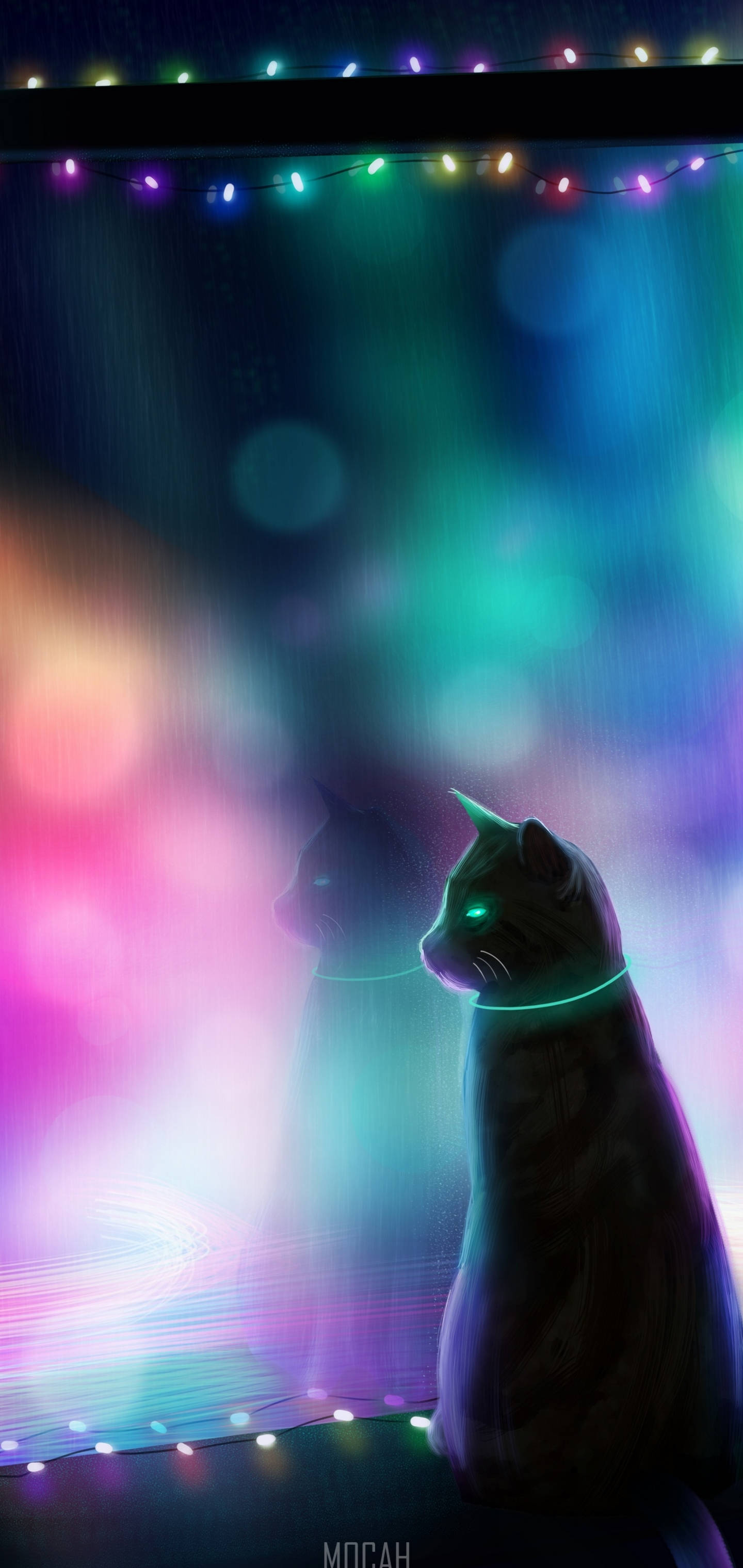 iPhone 12 Pro Max, black cat, glowing cat silhouette, 2K Phone Wallpaper