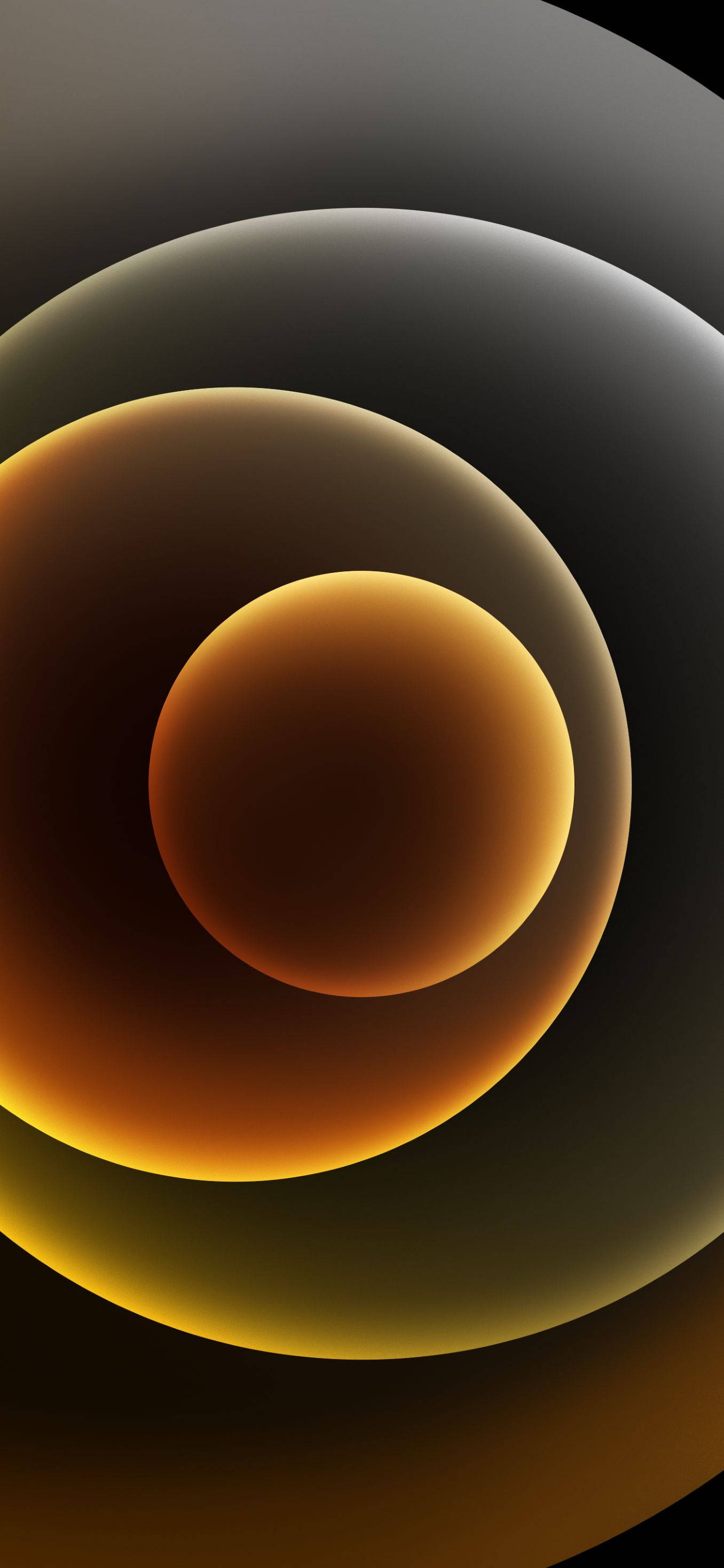 iPhone 12, dark yellow, glowing amber spheres, 2K Phone Wallpaper