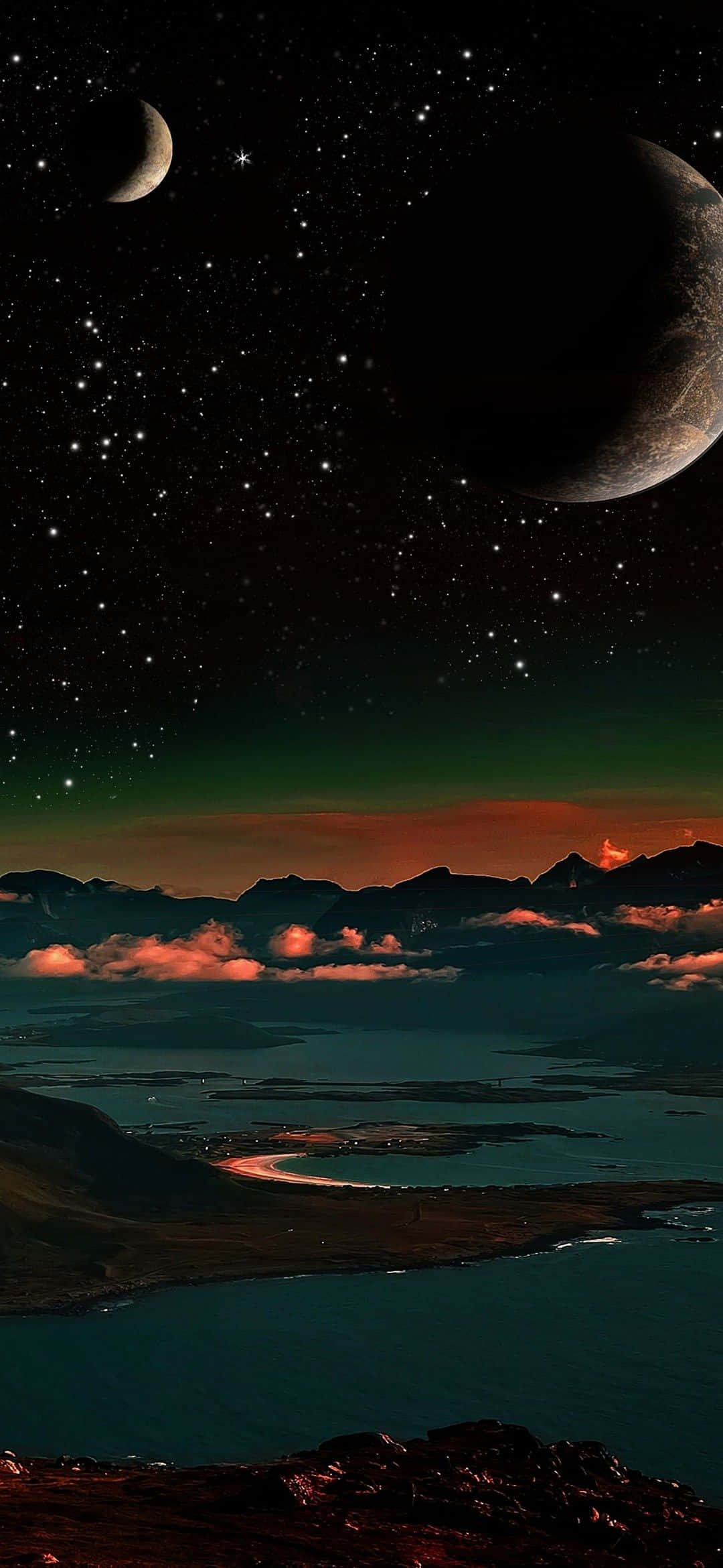 iPhone 13 mini, cosmic landscape, two moons, Full HD Phone Wallpaper