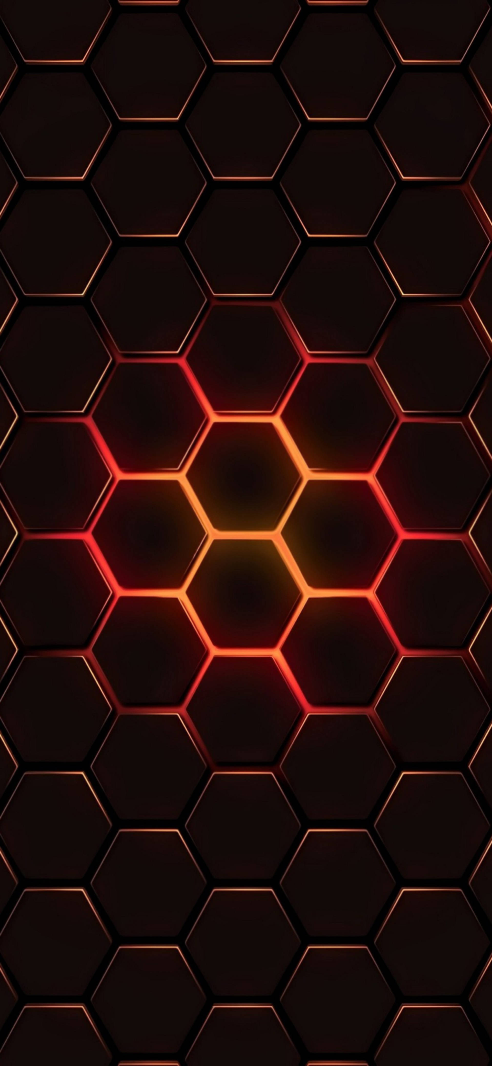 iPhone 13 Pro Max, hexagonal grid, glowing orange-red edges, 4K Phone Wallpaper