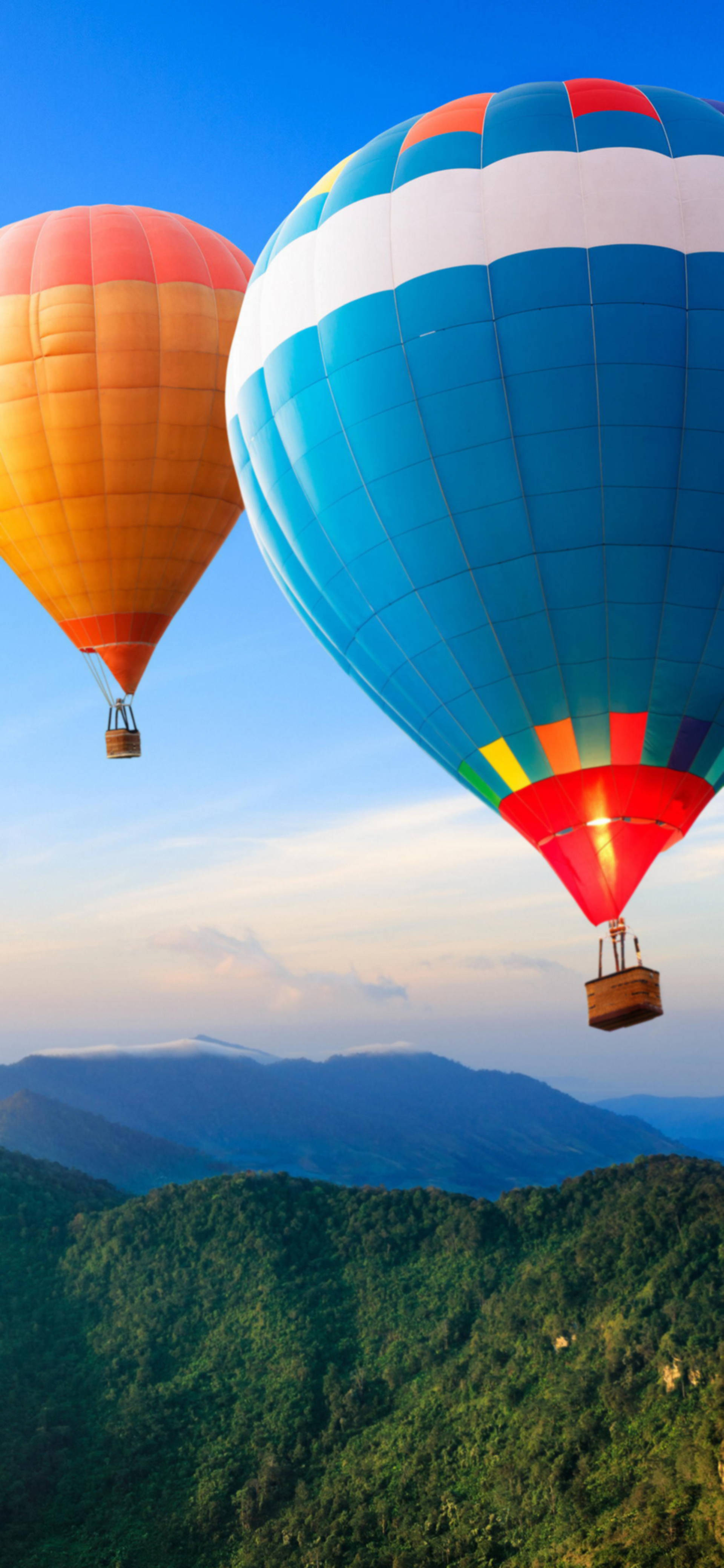 iPhone 13 Pro Max, hot air balloons, lush green mountains, 4K Phone Wallpaper