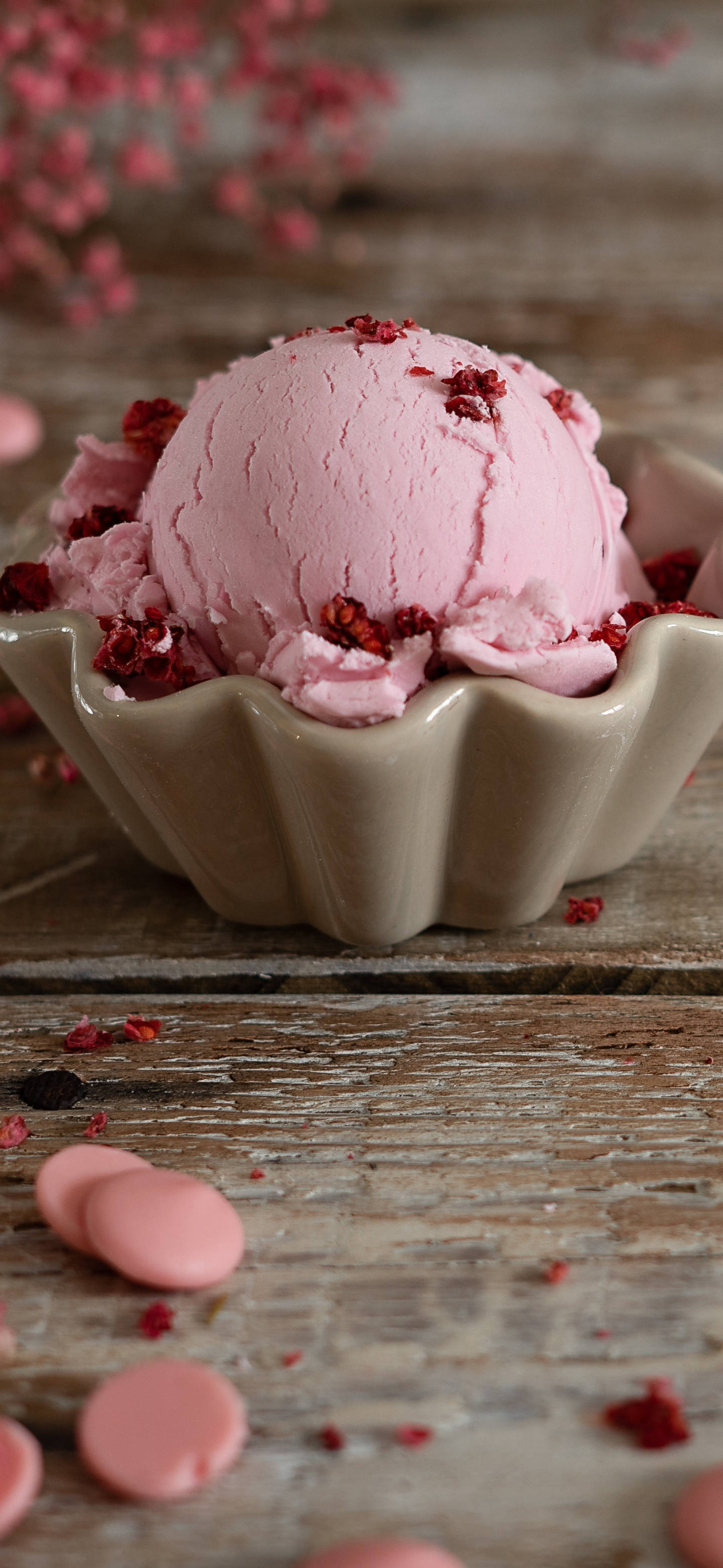 iPhone 13 Pro, pink ice cream, red petals, 2K Phone Wallpaper
