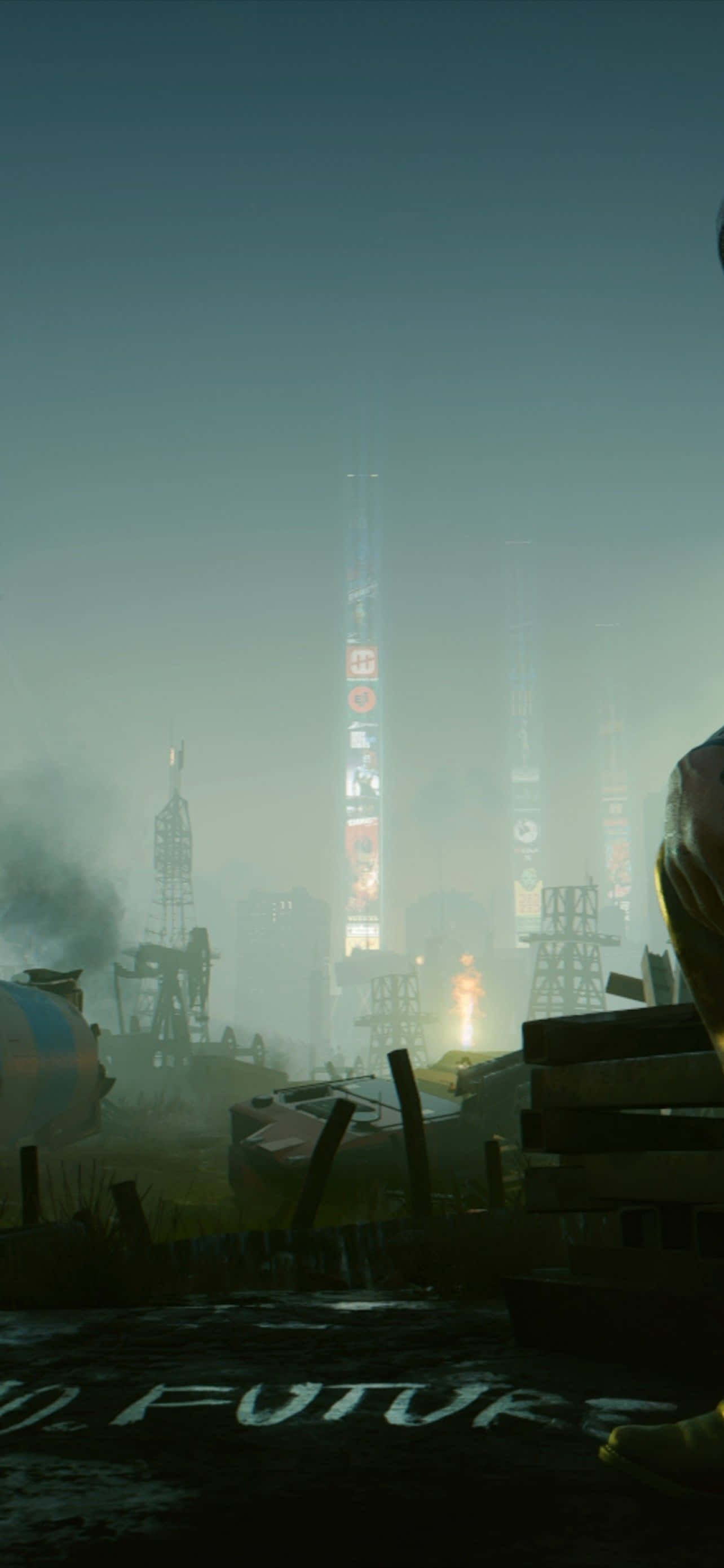 iPhone 14 Plus, neon-lit skyscrapers, misty futuristic cityscape, 2K Phone Wallpaper