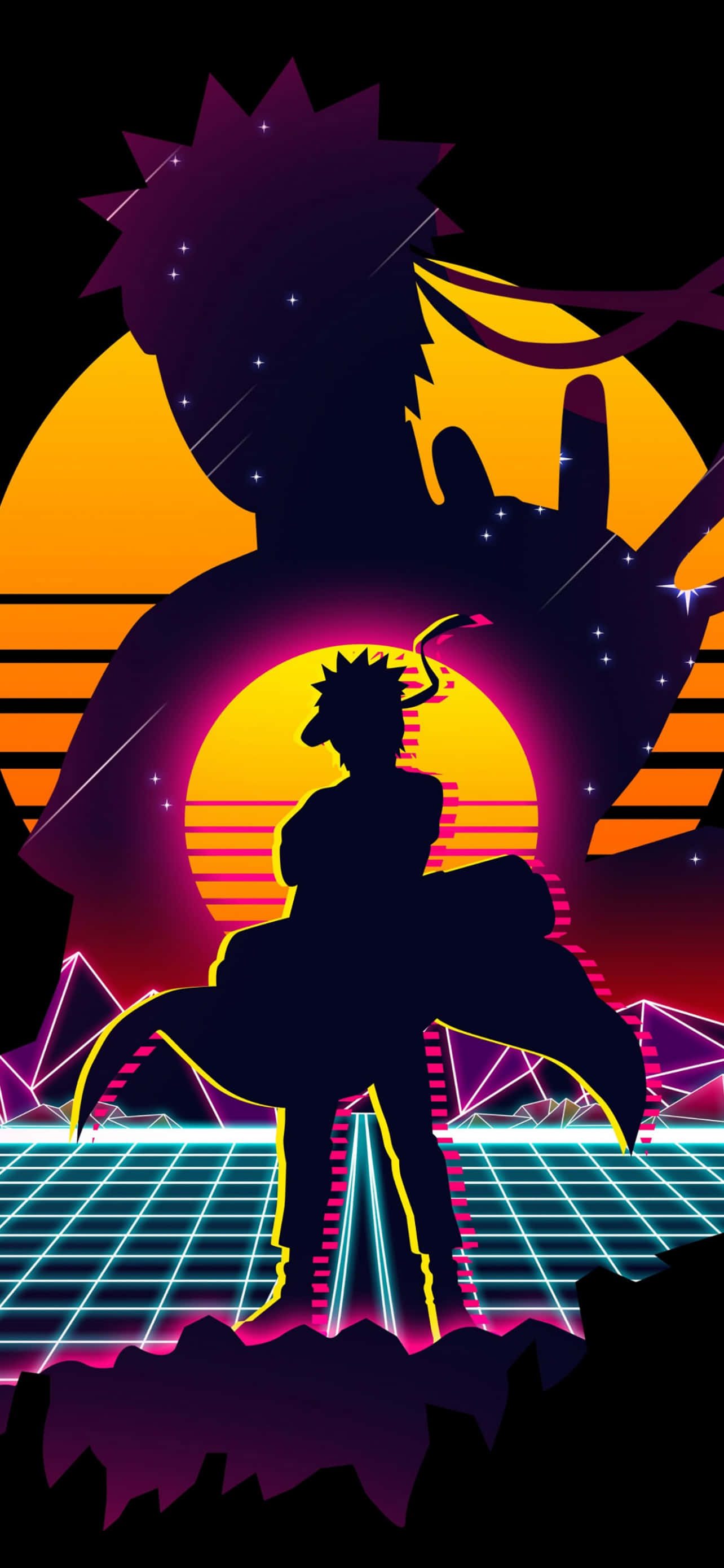 iPhone 14 Plus, retro-futuristic sunset, neon grid, 2K Phone Wallpaper