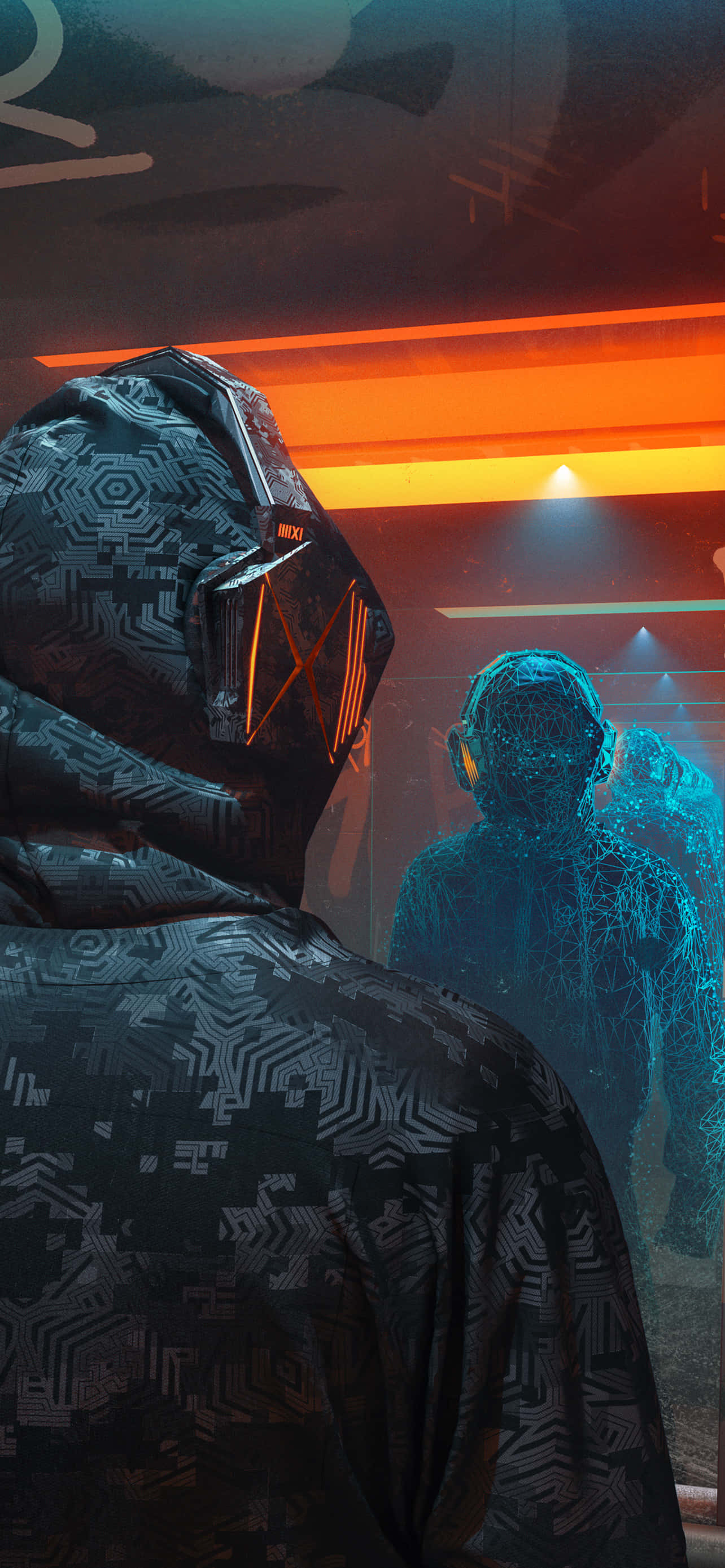 iPhone 14 Plus, neon-lit futuristic club, glowing orange circuitry, 2K Phone Wallpaper