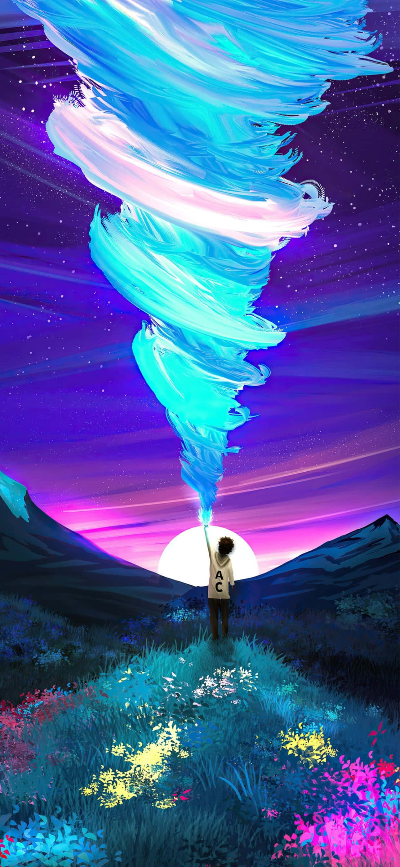 iPhone 14 Pro Max, glowing blue cosmic vortex, starry purple sunset sky, 2K Phone Wallpaper