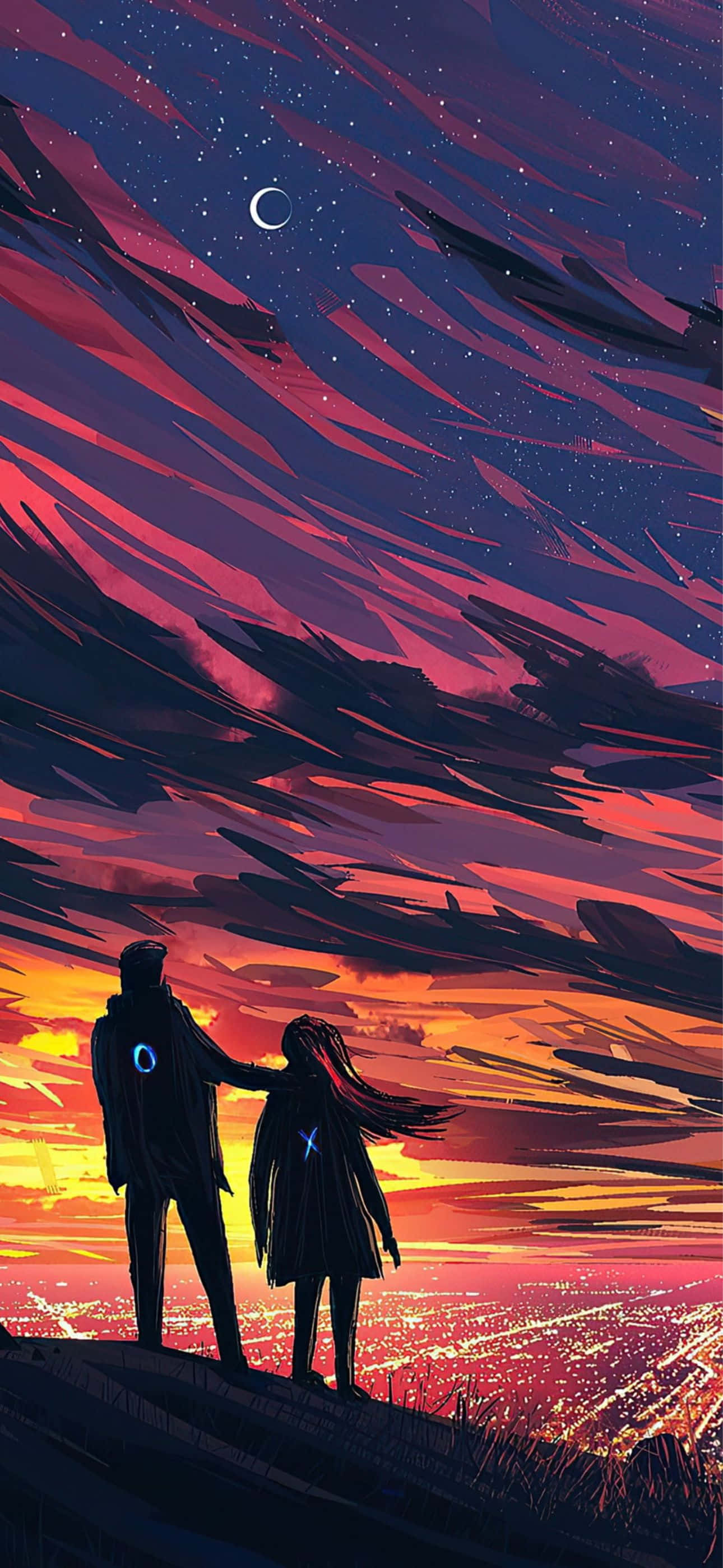 iPhone 14 Pro Max, sunset, glowing city, 2K Phone Wallpaper
