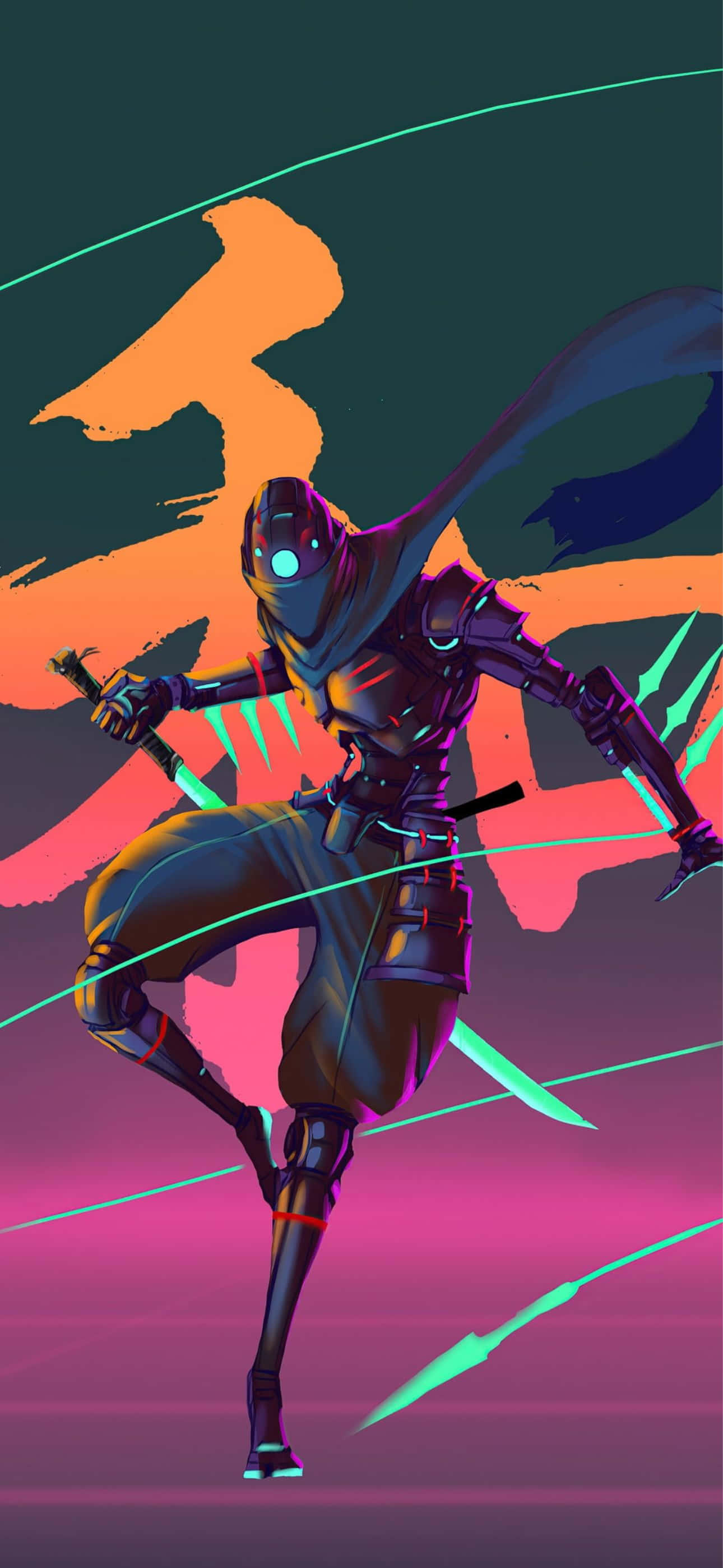 iPhone 14 Pro Max, cyberpunk ninja, glowing armor, 2K Phone Wallpaper