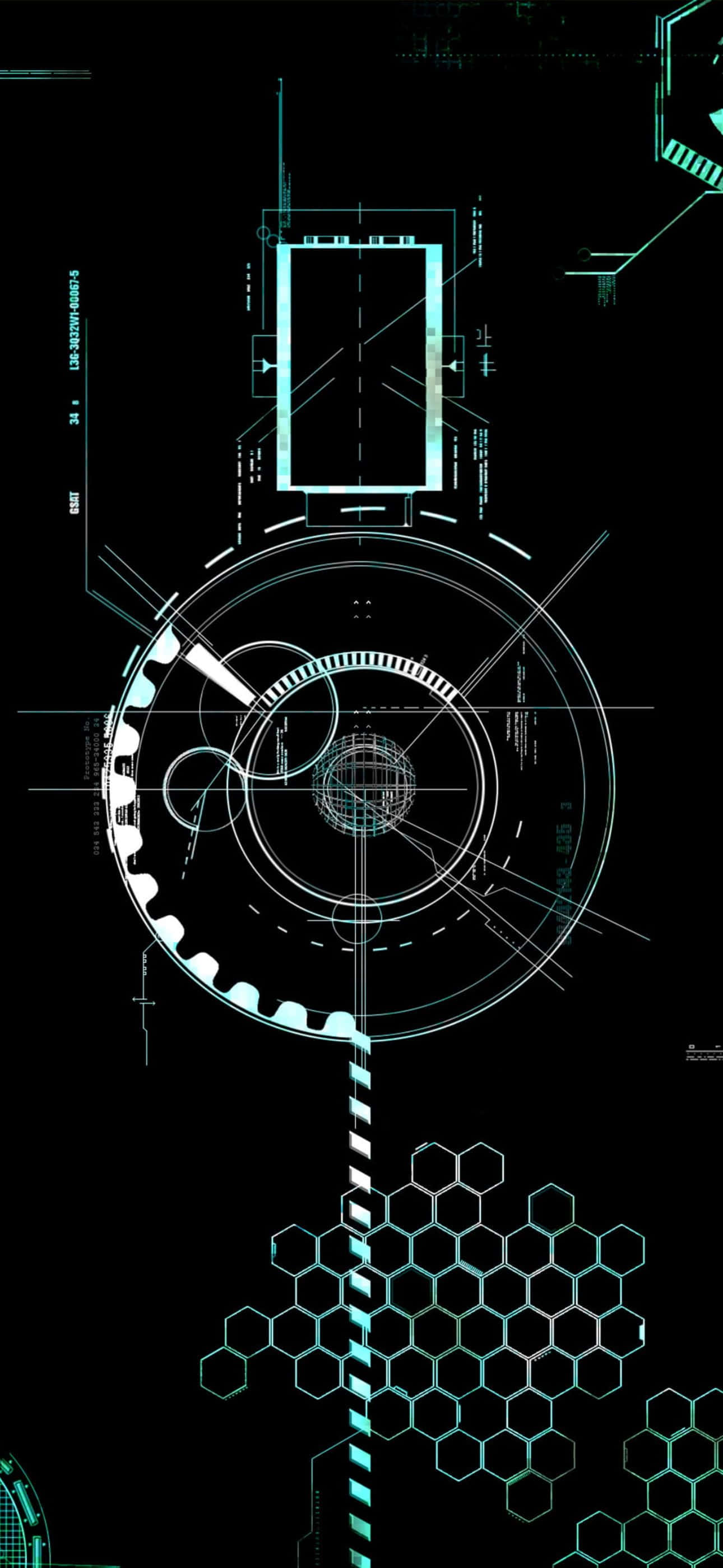 iPhone 14 Pro Max, teal holographic interface, circular dials, 2K Phone Wallpaper
