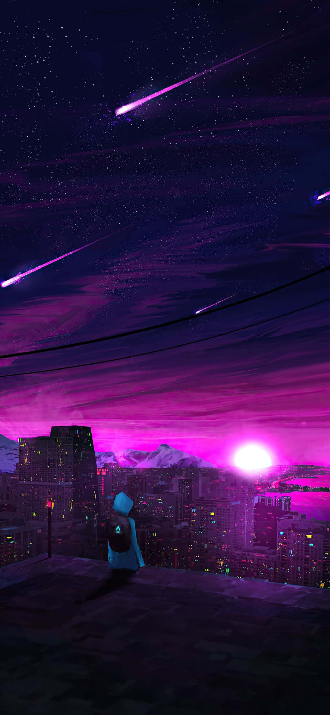 iPhone 14 Pro Max, neon cityscape, vibrant purple sky, 2K Phone Wallpaper