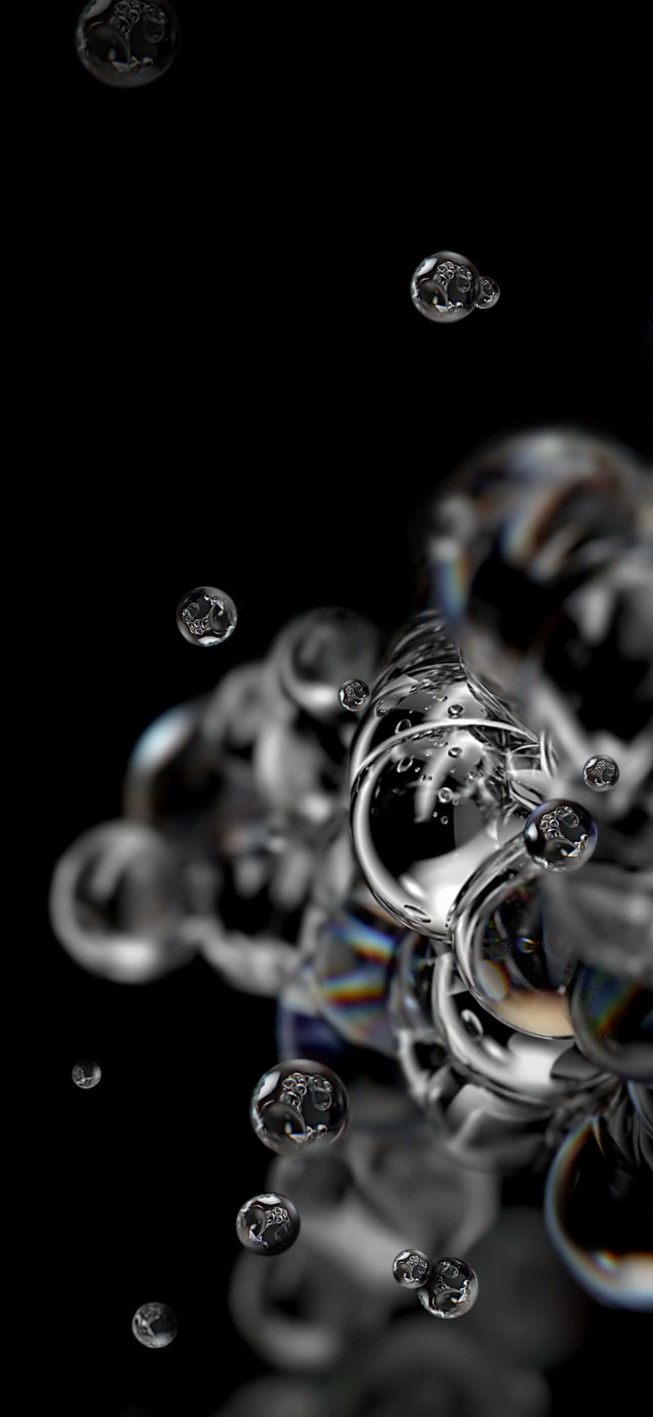 iPhone 15 Pro Max, transparent bubbles, stark black background, 2K Phone Wallpaper
