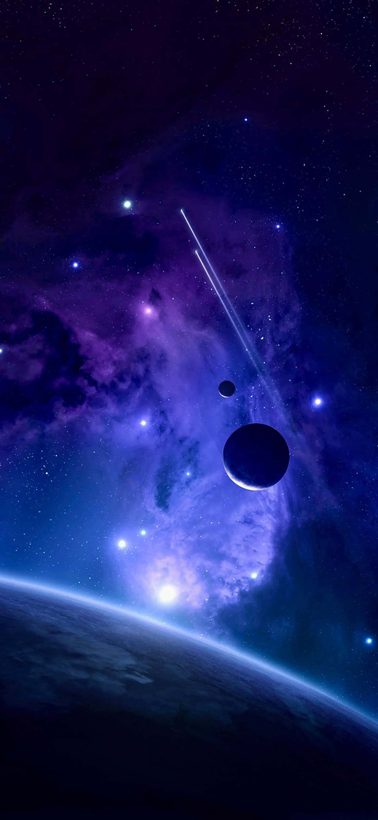 iPhone 15 Pro Max, glowing purple nebula, dark planets, 2K Phone Wallpaper