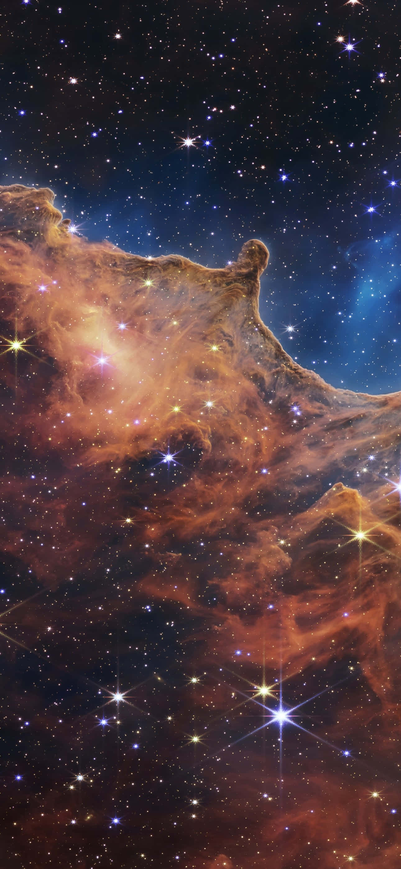 iPhone 16 Plus, cosmic nebula, glowing orange, 2K Phone Wallpaper