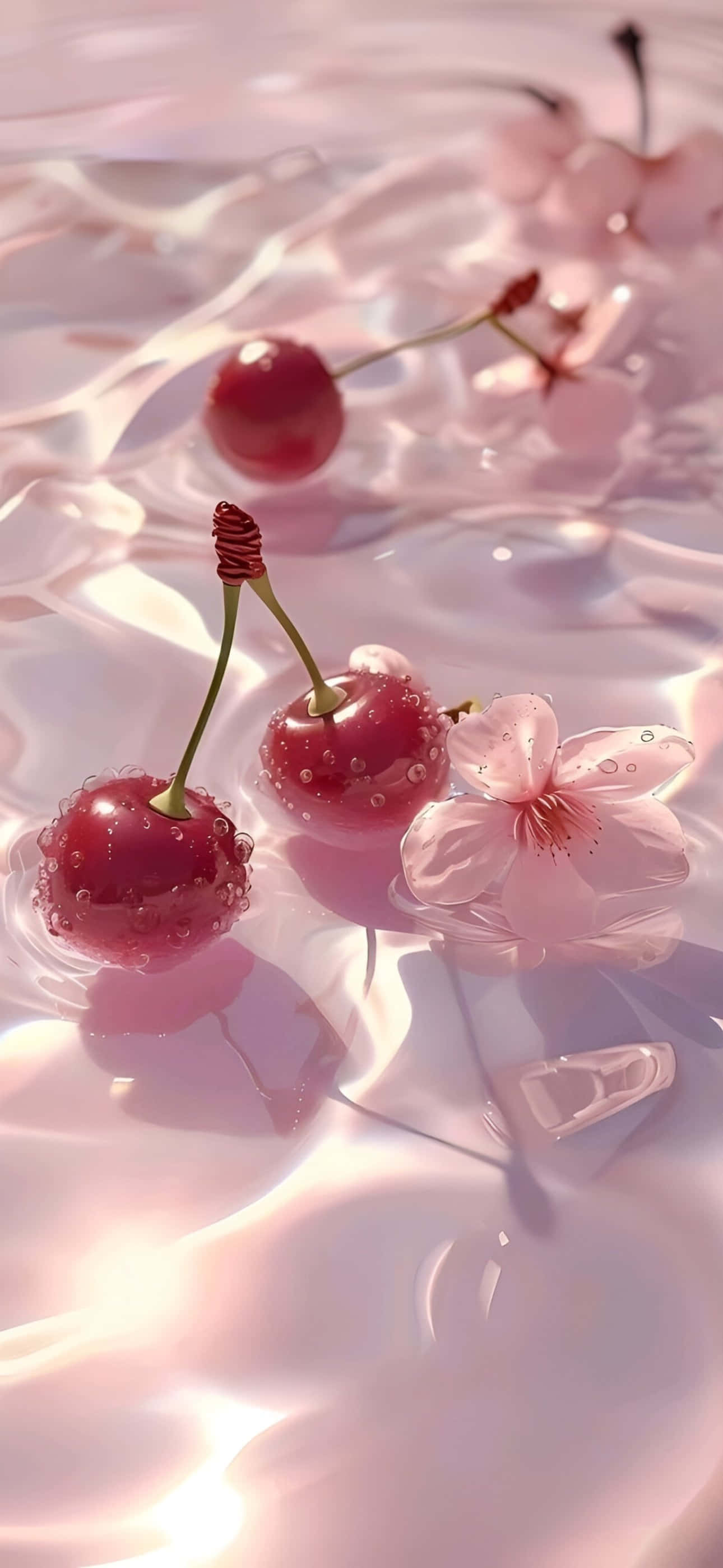 iPhone 16 Plus, cherry blossom, glossy red cherries, 2K Phone Wallpaper
