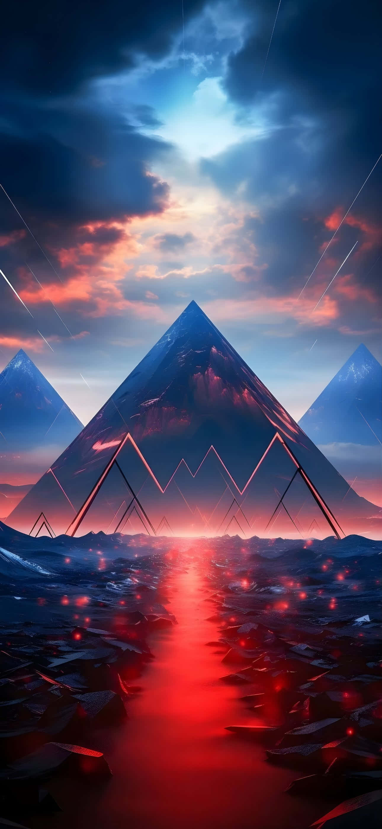 iPhone 16 Plus, glowing red path, shattered glass terrain, 2K Phone Wallpaper