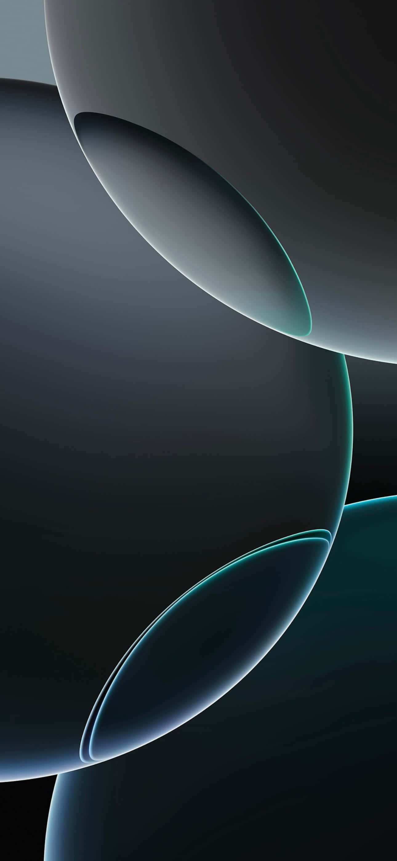 iPhone 16 Plus, abstract dark spheres, glowing teal edges, 2K Phone Wallpaper