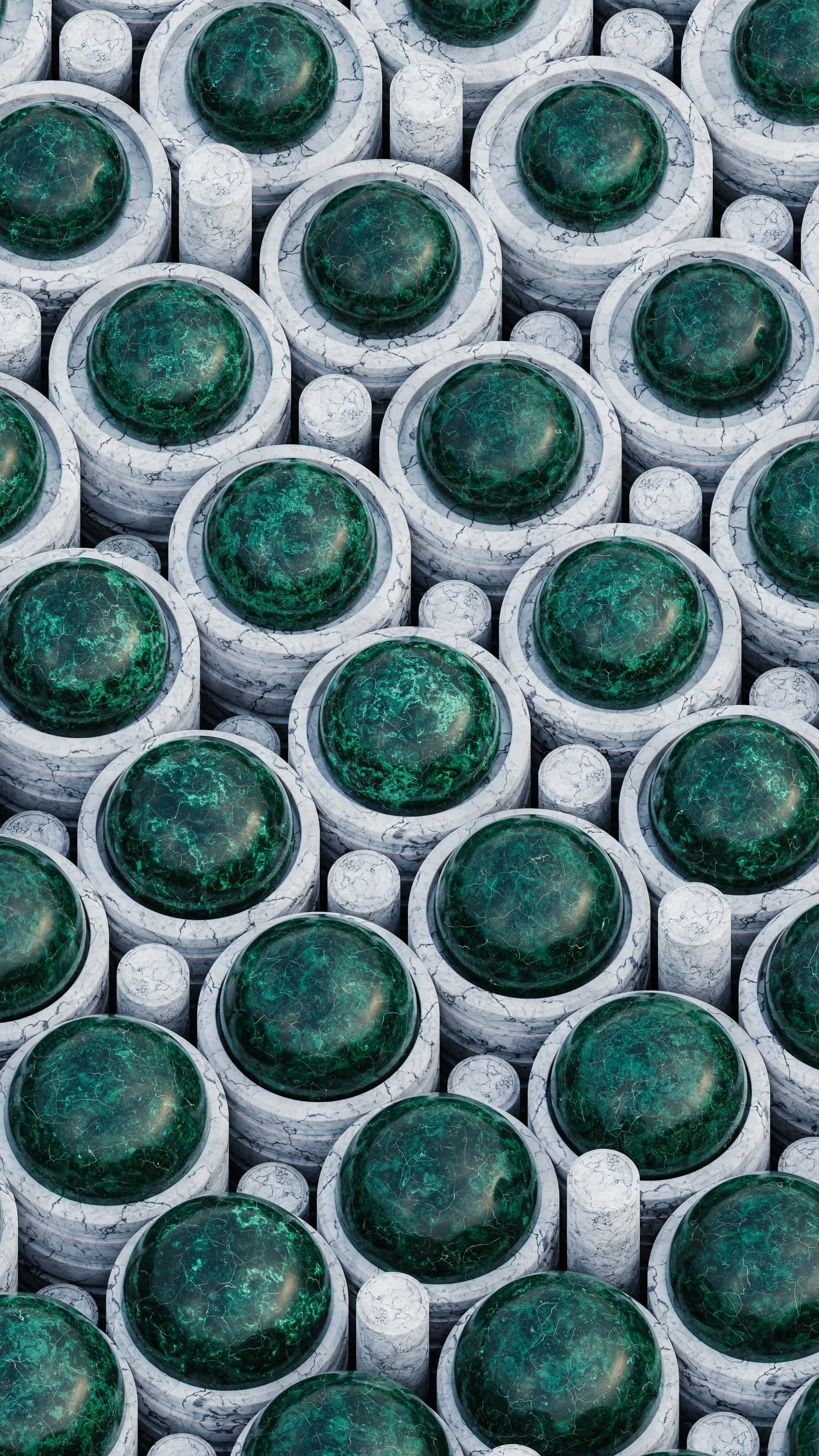 iPhone 16 Pro Max, cracked white cylinders, glossy emerald green spheres, 4K Phone Wallpaper