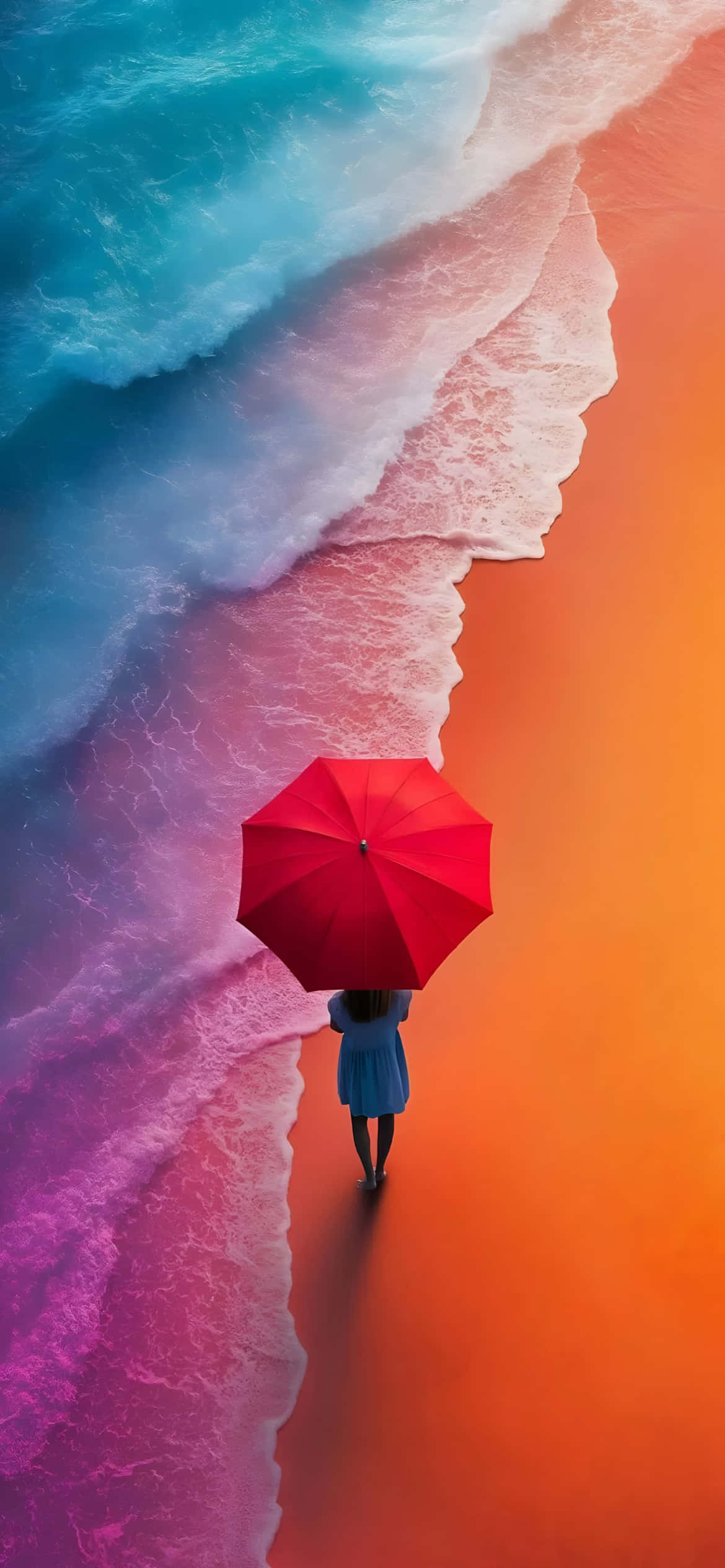 iPhone 16e, bright red umbrella, surreal beach, Full HD Phone Wallpaper