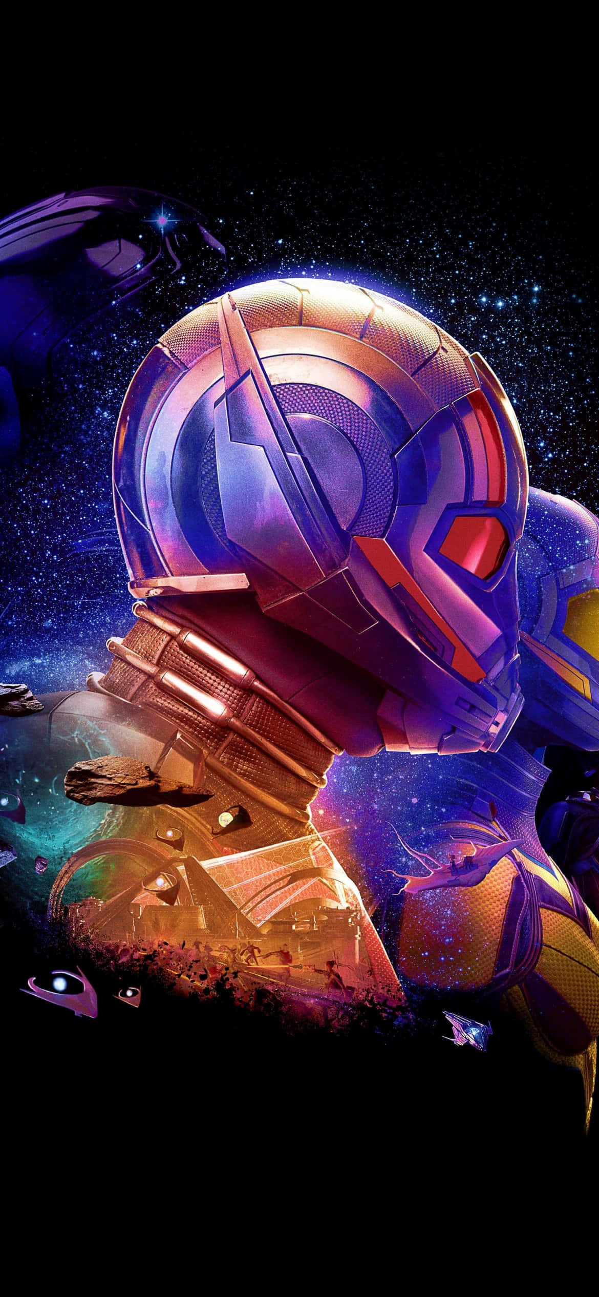 iPhone 16e, futuristic armored helmet, purple and gold, Full HD Phone Wallpaper