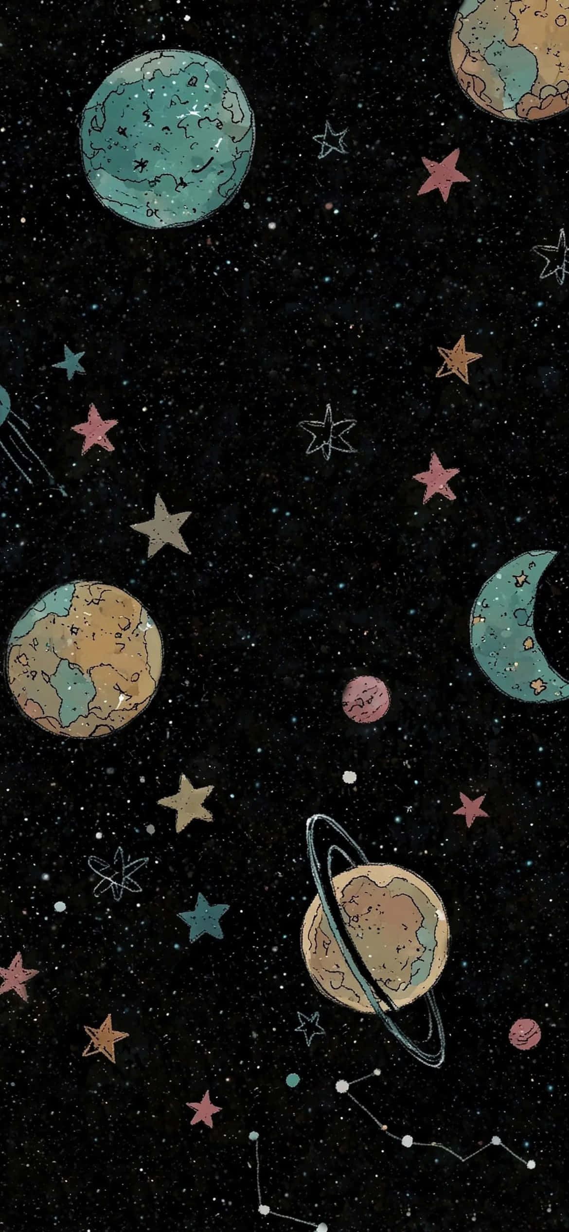 iPhone 16e, space themed, hand-drawn planets, Full HD Phone Wallpaper