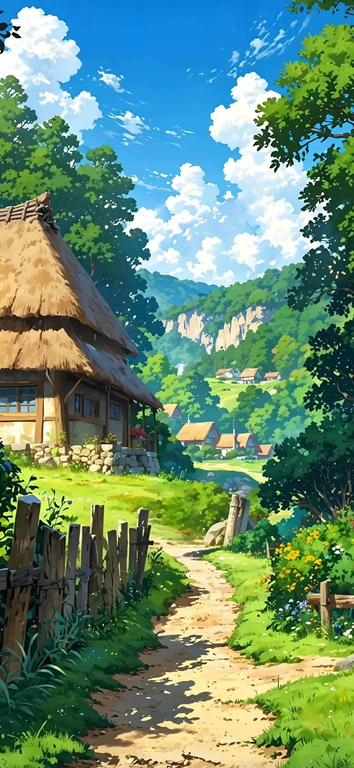 iPhone 16e, dirt path, thatched-roof cottage, Full HD Phone Wallpaper
