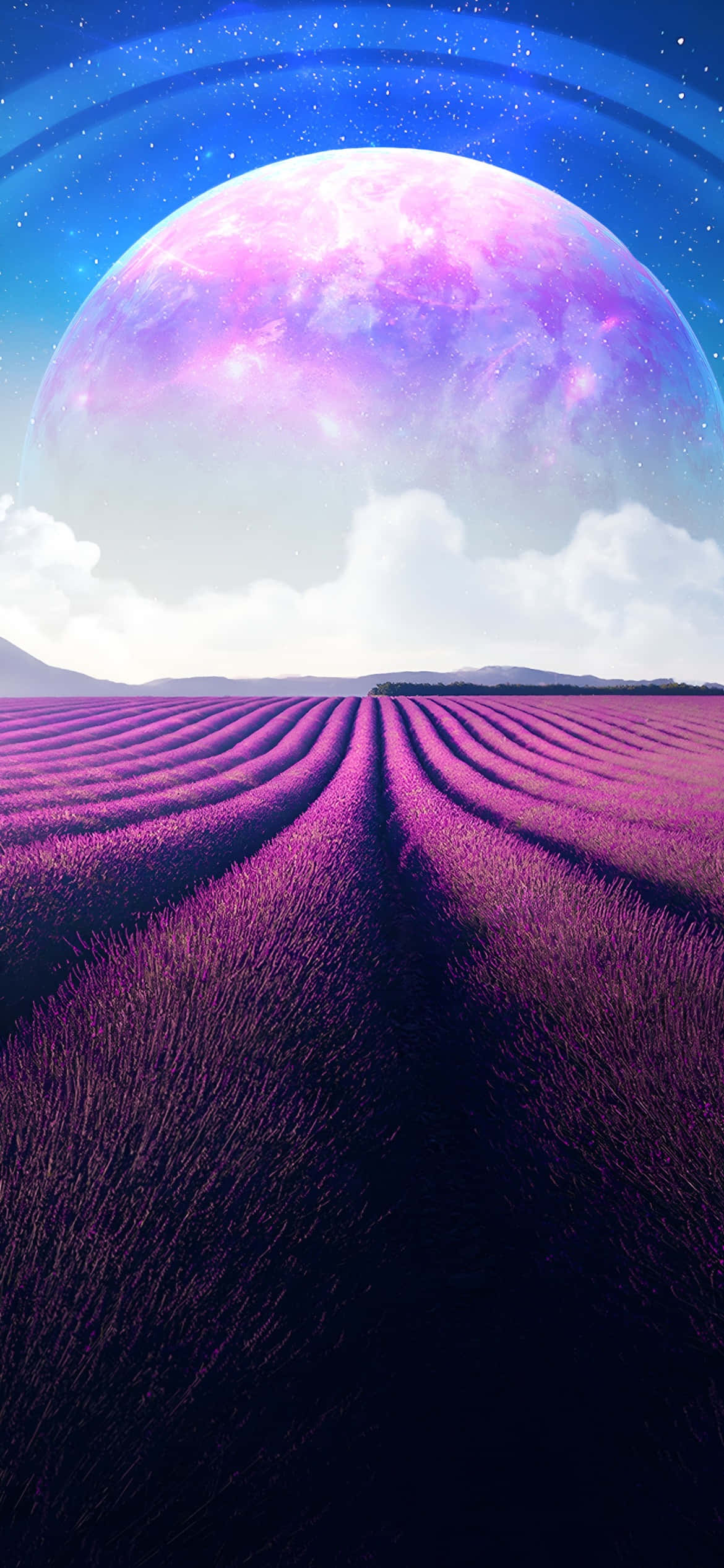 iPhone 16e, purple lavender, giant glowing pink and purple moon, Full HD Phone Wallpaper