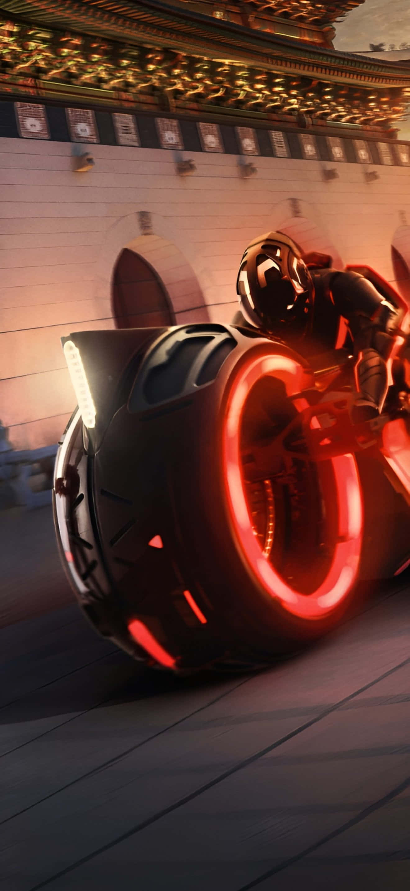 iPhone 17 Pro Max, futuristic motorcycle, glowing red wheels, 2K Phone Wallpaper