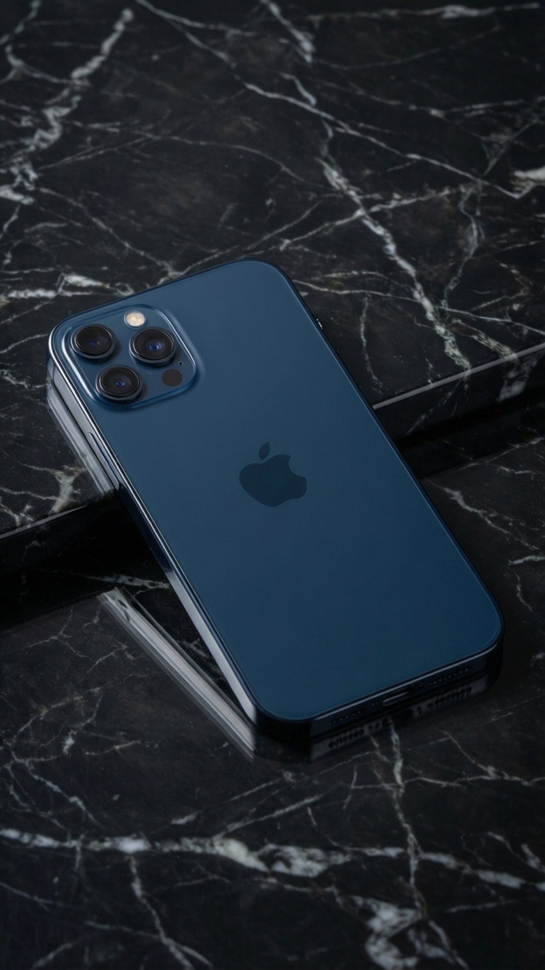 midnight blue, sleek blue iPhone, glossy black marble surface, Full HD Phone Wallpaper