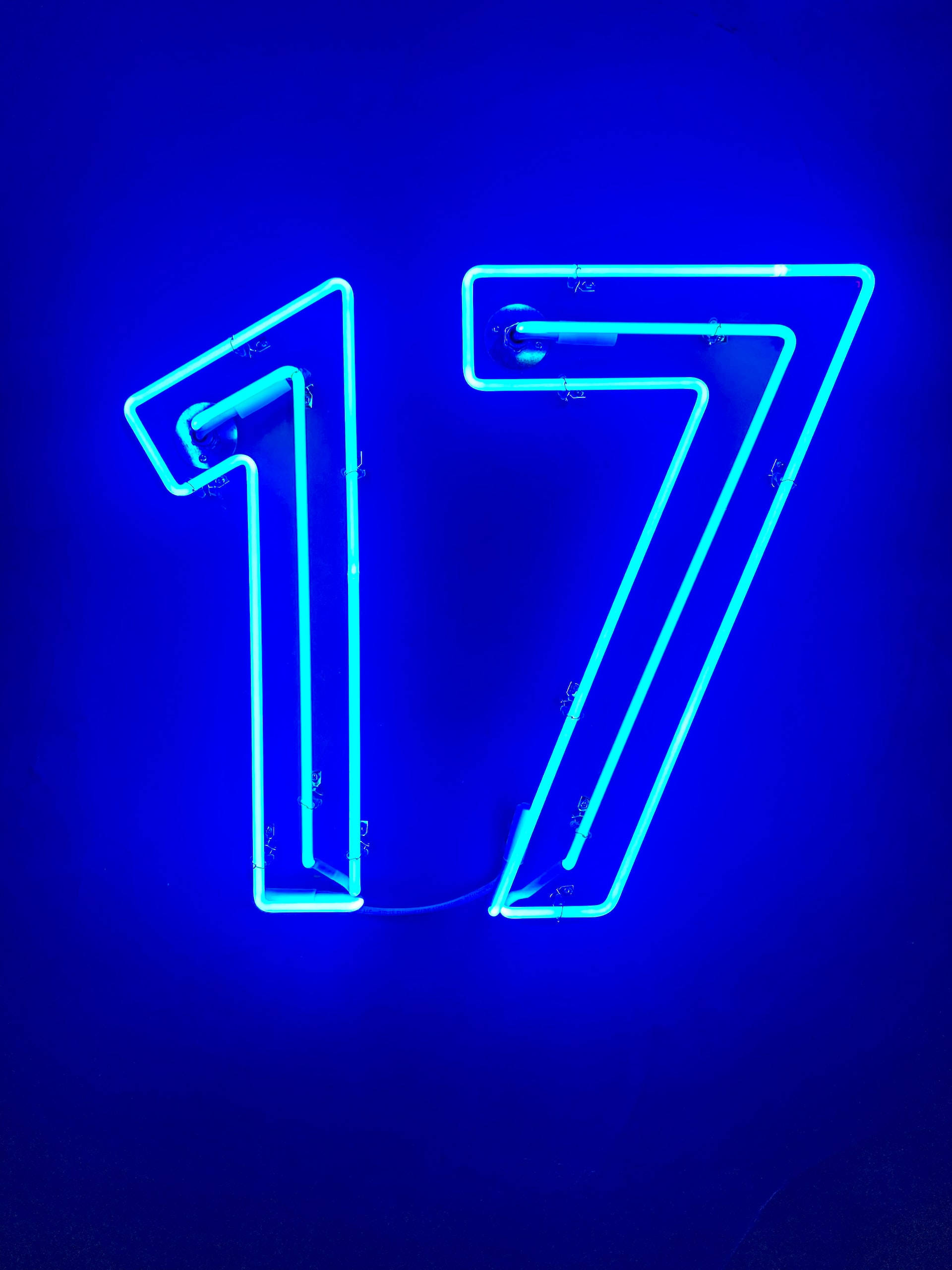 iPhone 17, neon blue, number 17, 2K Phone Wallpaper
