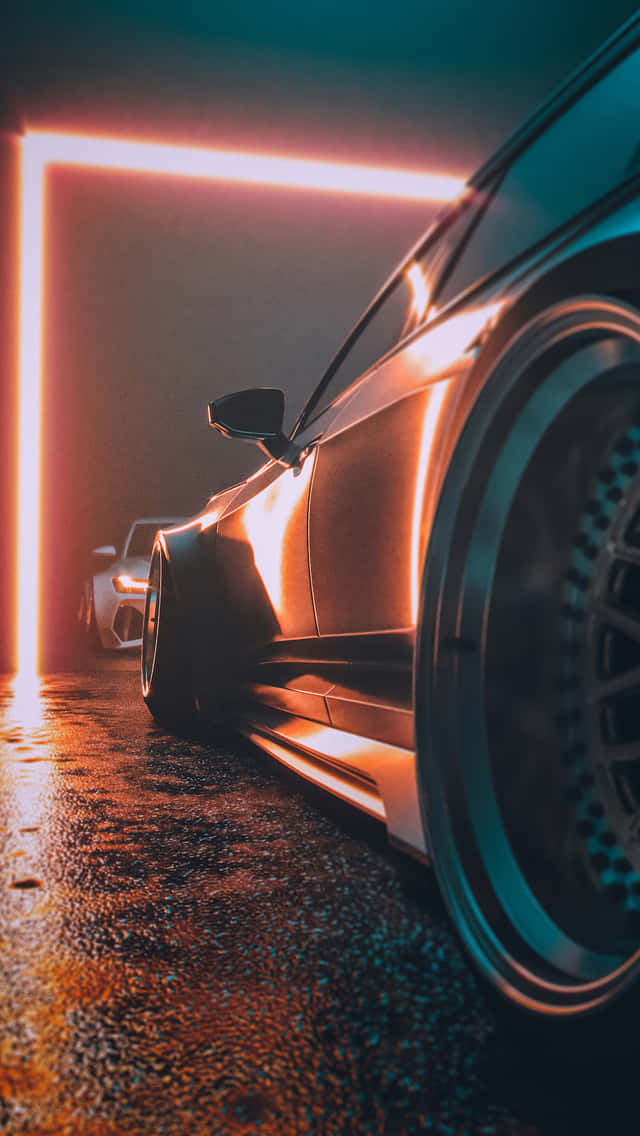 iPhone 2020, neon orange, rainy urban alleyway, SD Phone Wallpaper