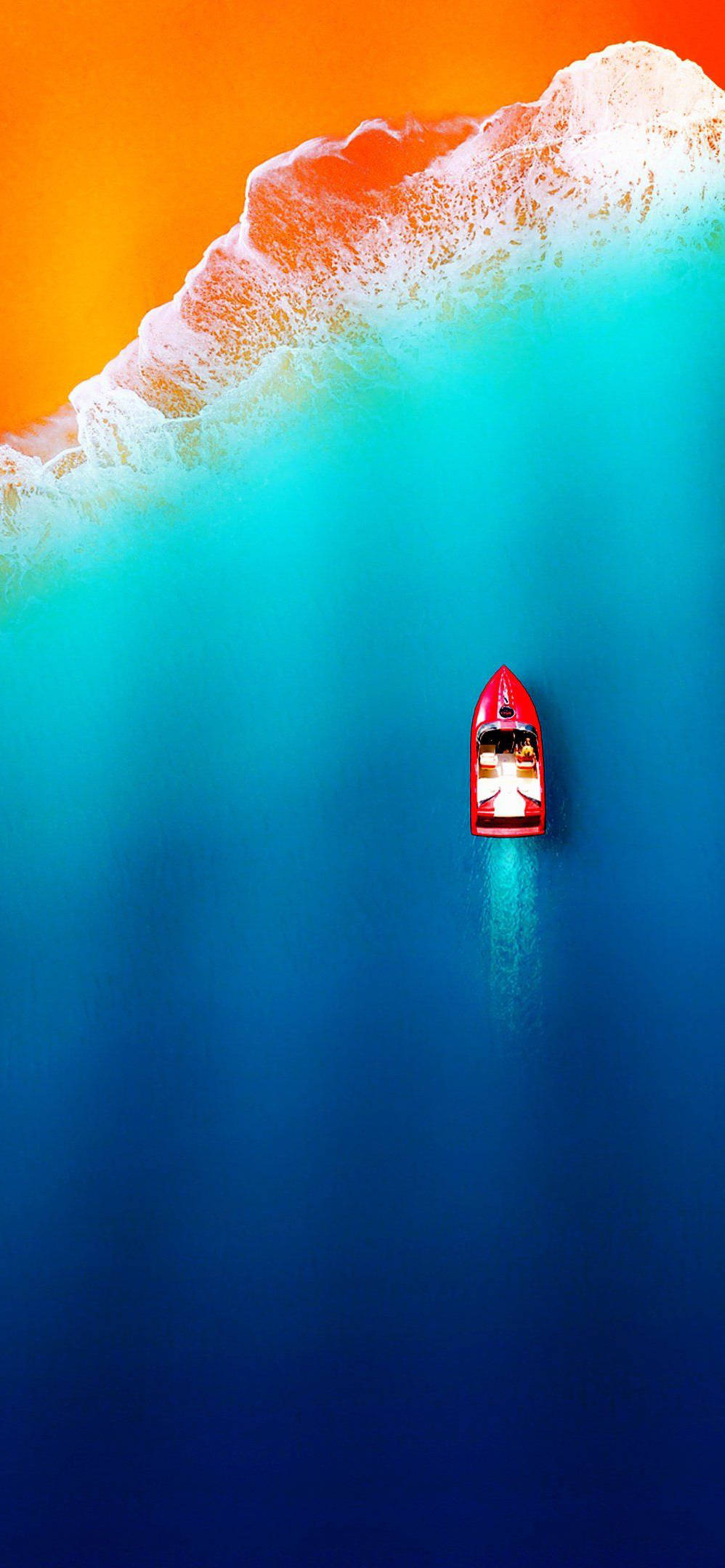 red speedboat, deep blue ocean waters, fiery orange and turquoise wave crest, Full HD Phone Wallpaper