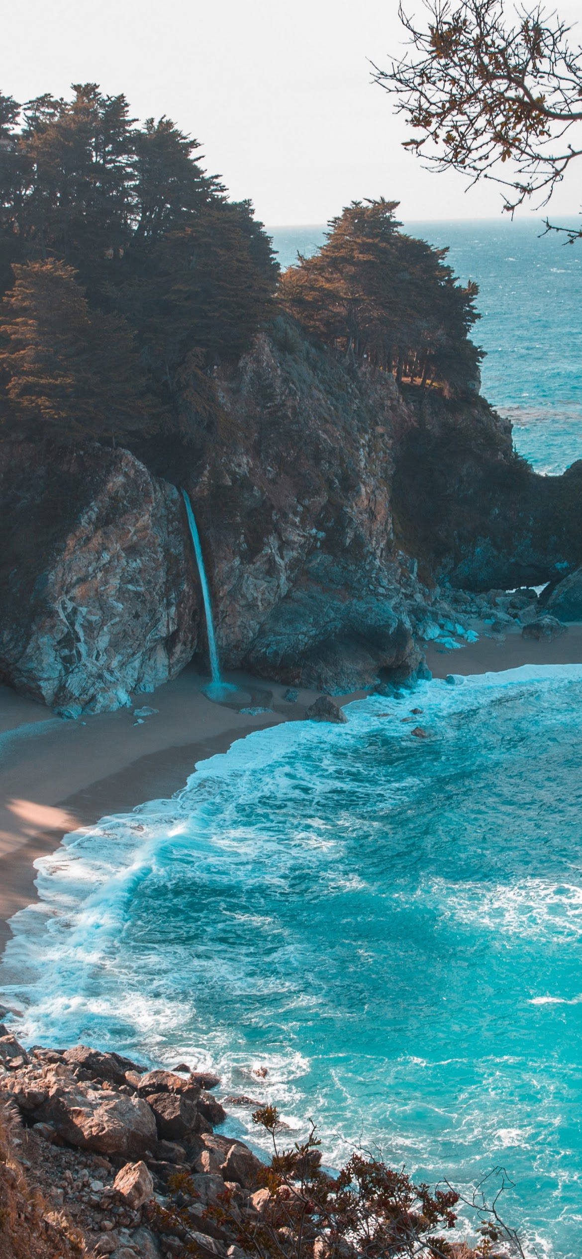beach, turquoise waterfall, rocky cliff, Full HD Phone Wallpaper